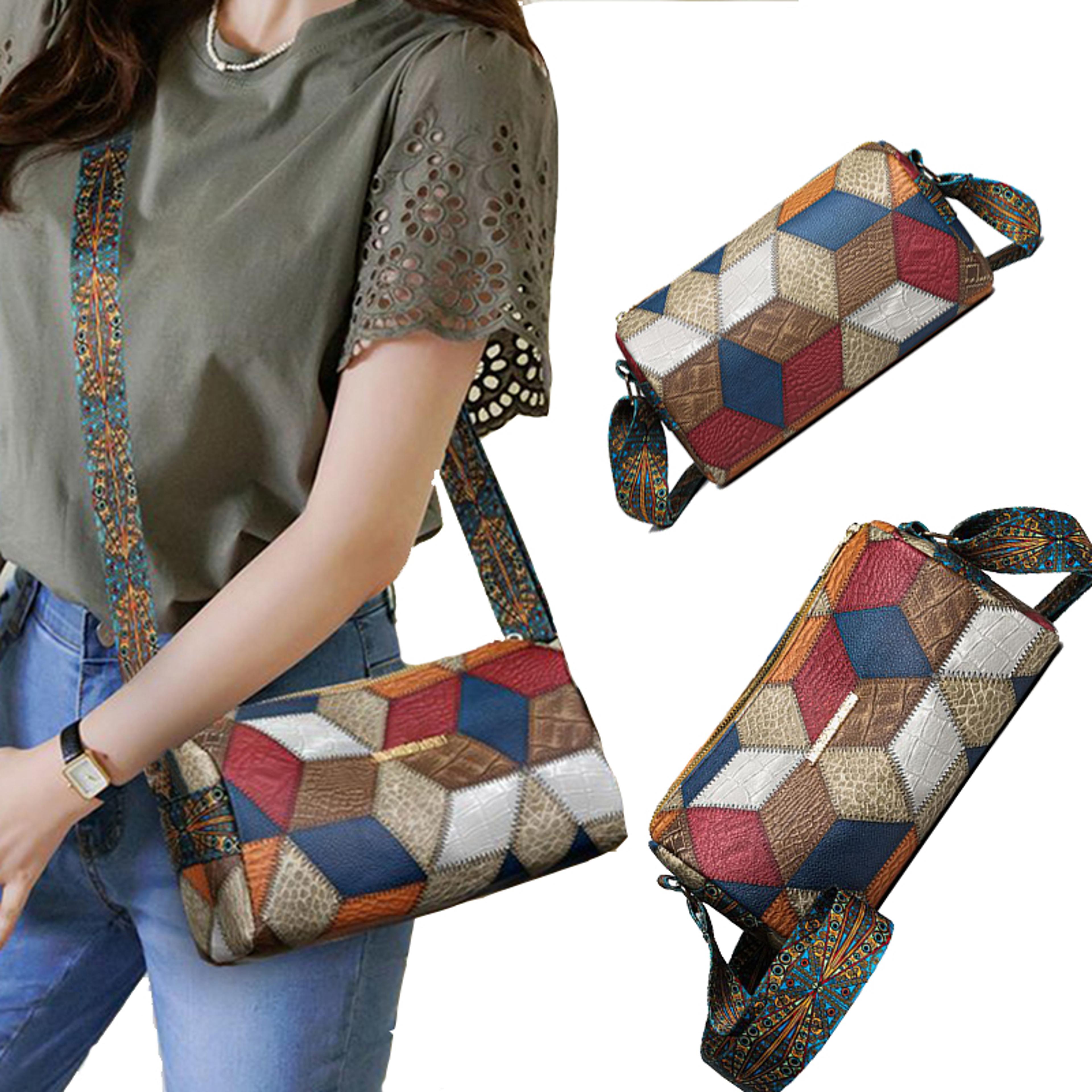 neutral rectangular crossbody bag with ethnic style shoulder strap for women