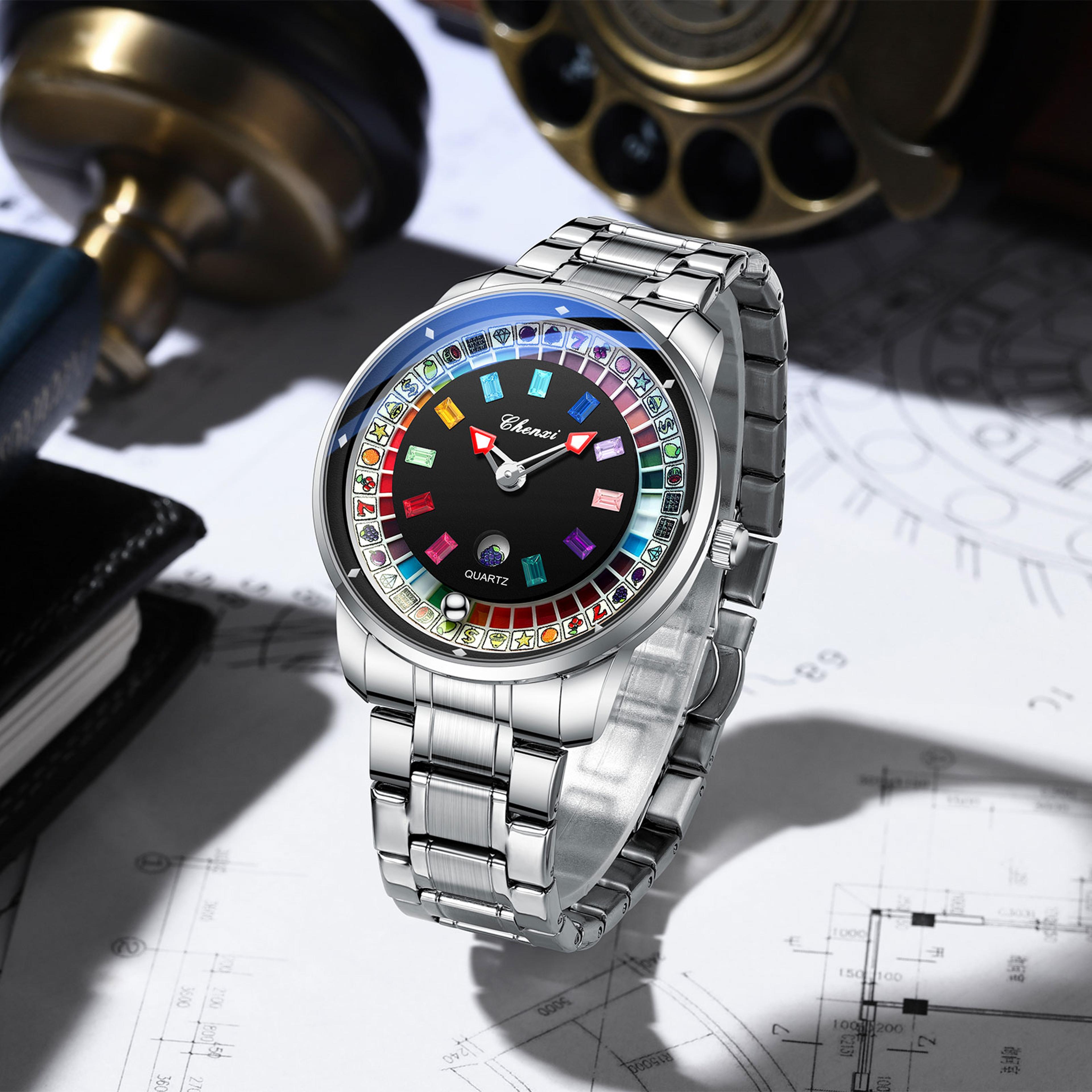 colorful diamond rotating dial mens quartz watch stainless steel calendar waterproof design