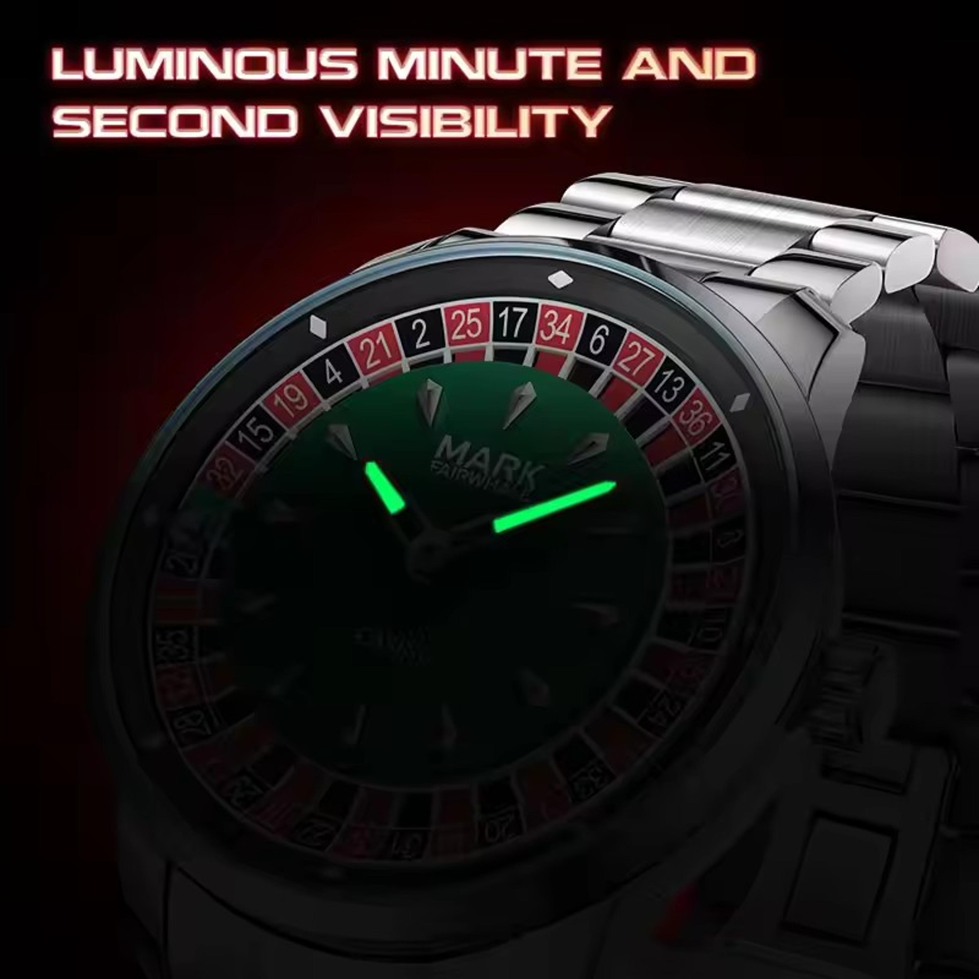 mens rotating dial quartz watch with luminous hands stainless steel bracelet
