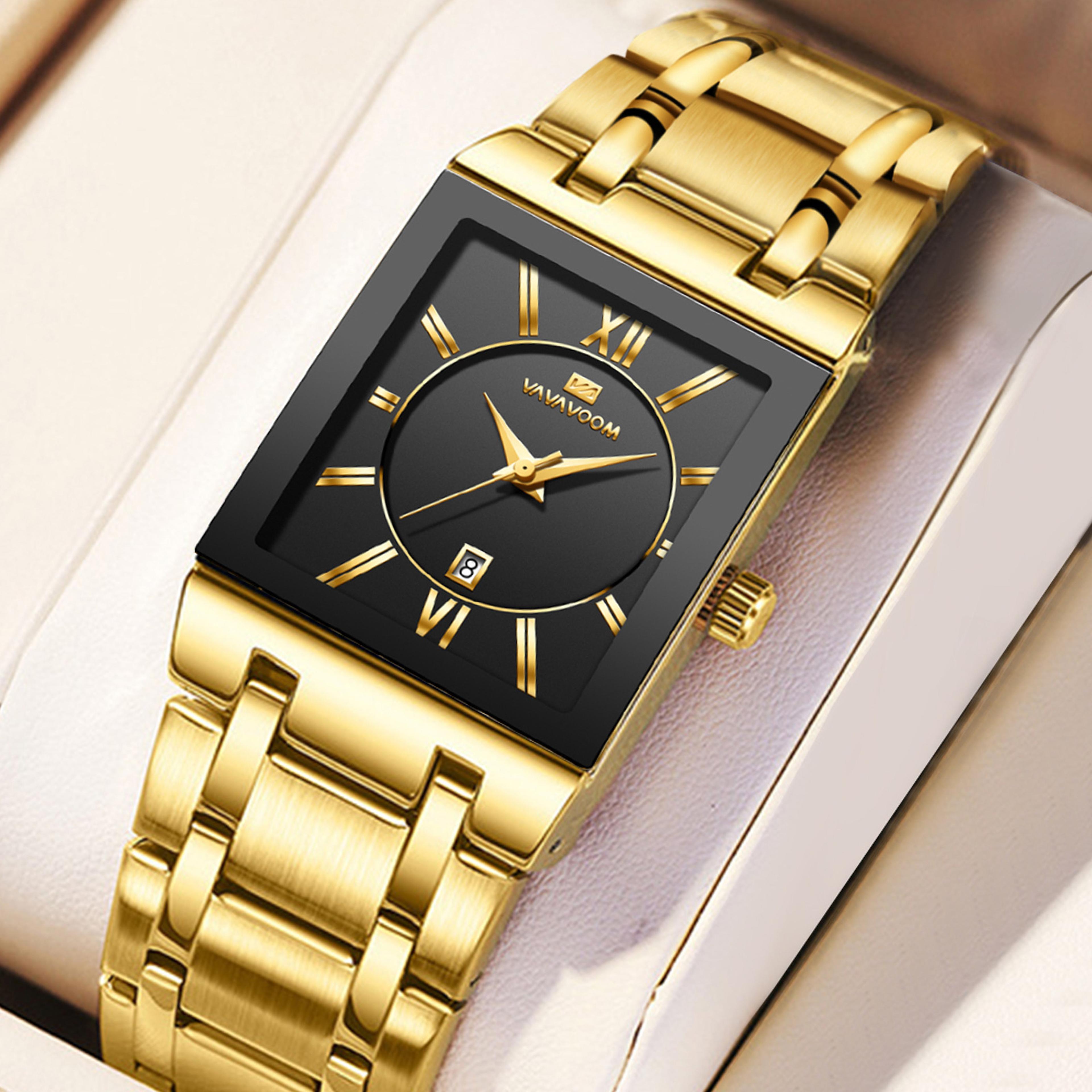 luxury square gold mens watch stainless steel quartz calendar wristwatch