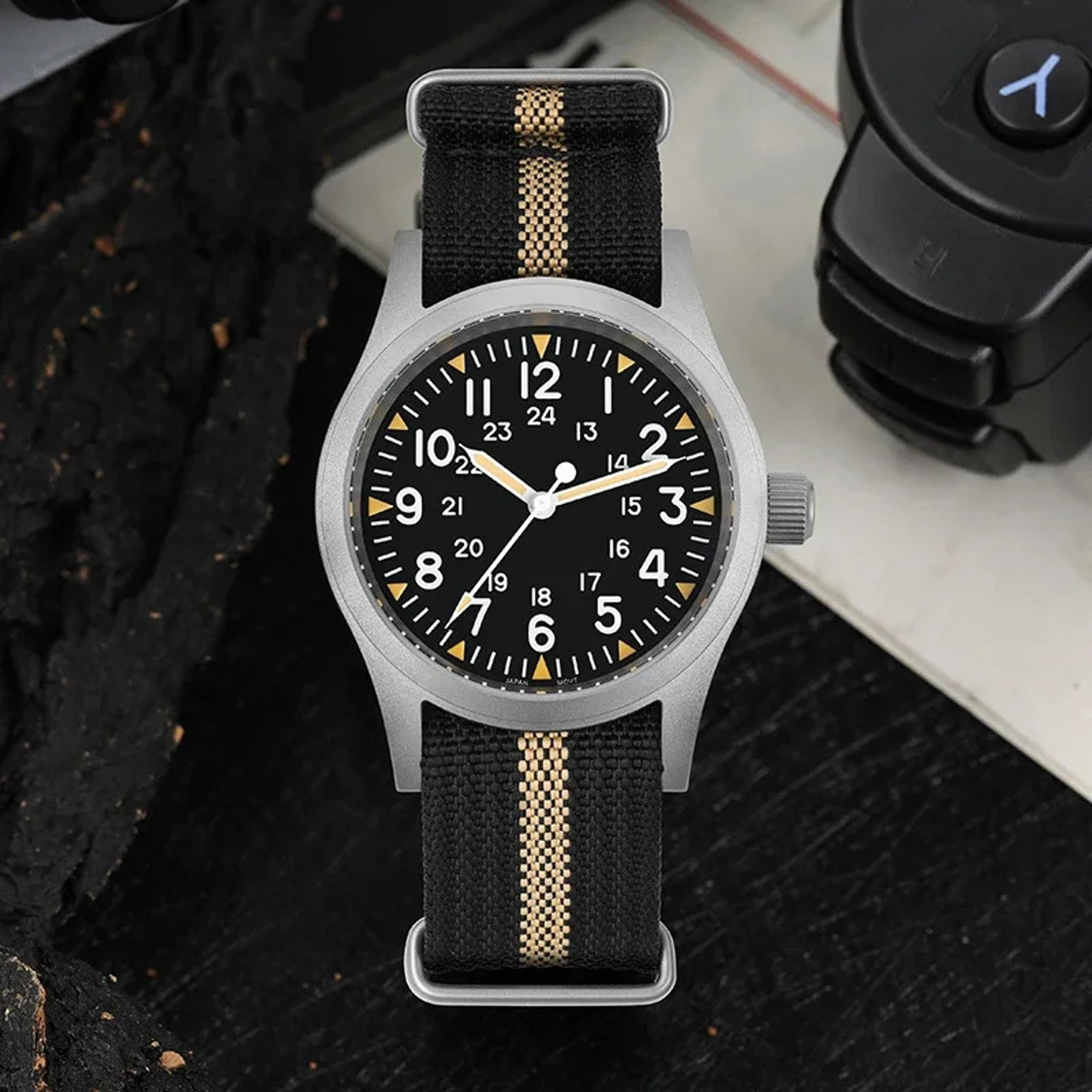 vintage military field watch with sapphire crystal lume and water resistance