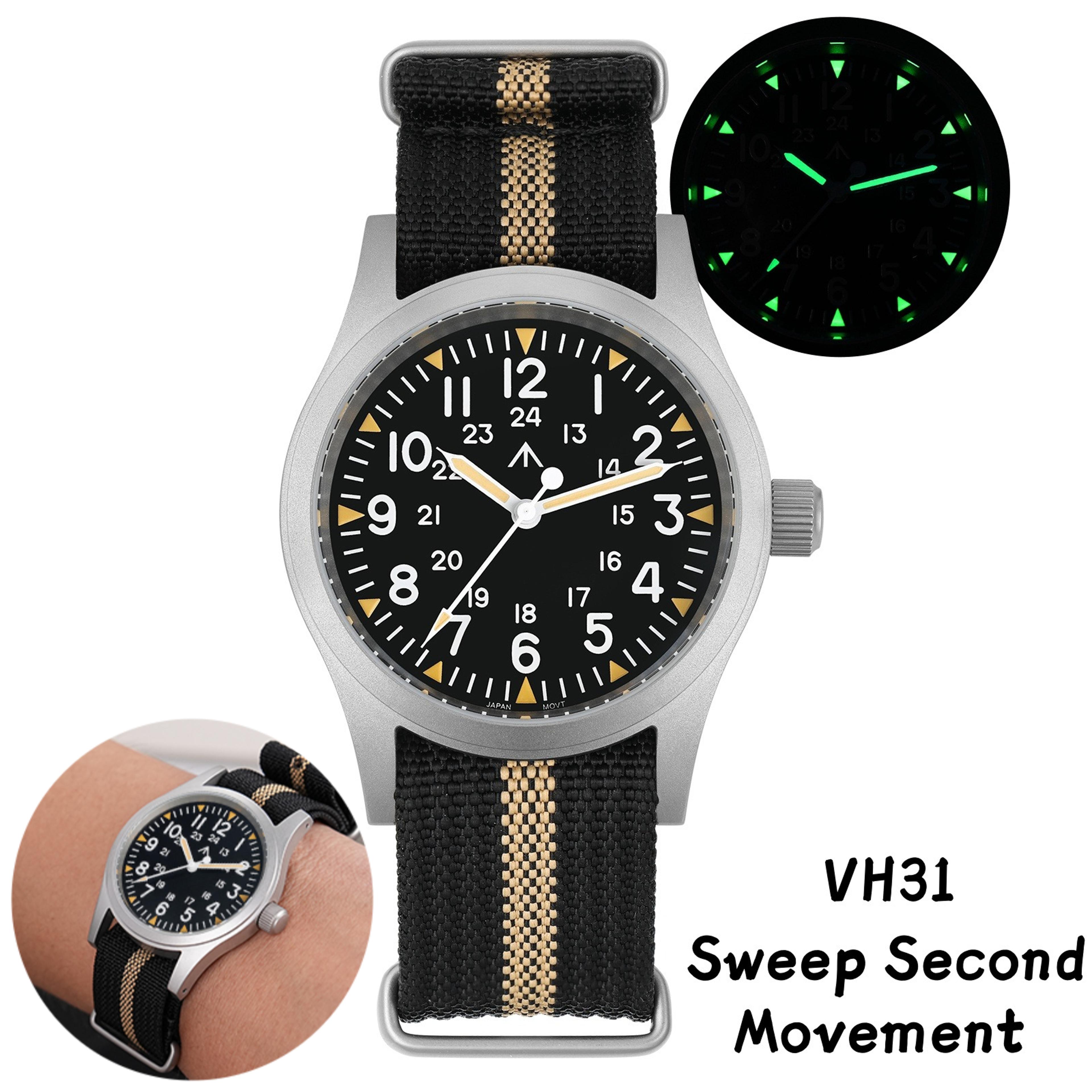 vintage sweep second watch with domed sapphire crystal and luminous dial
