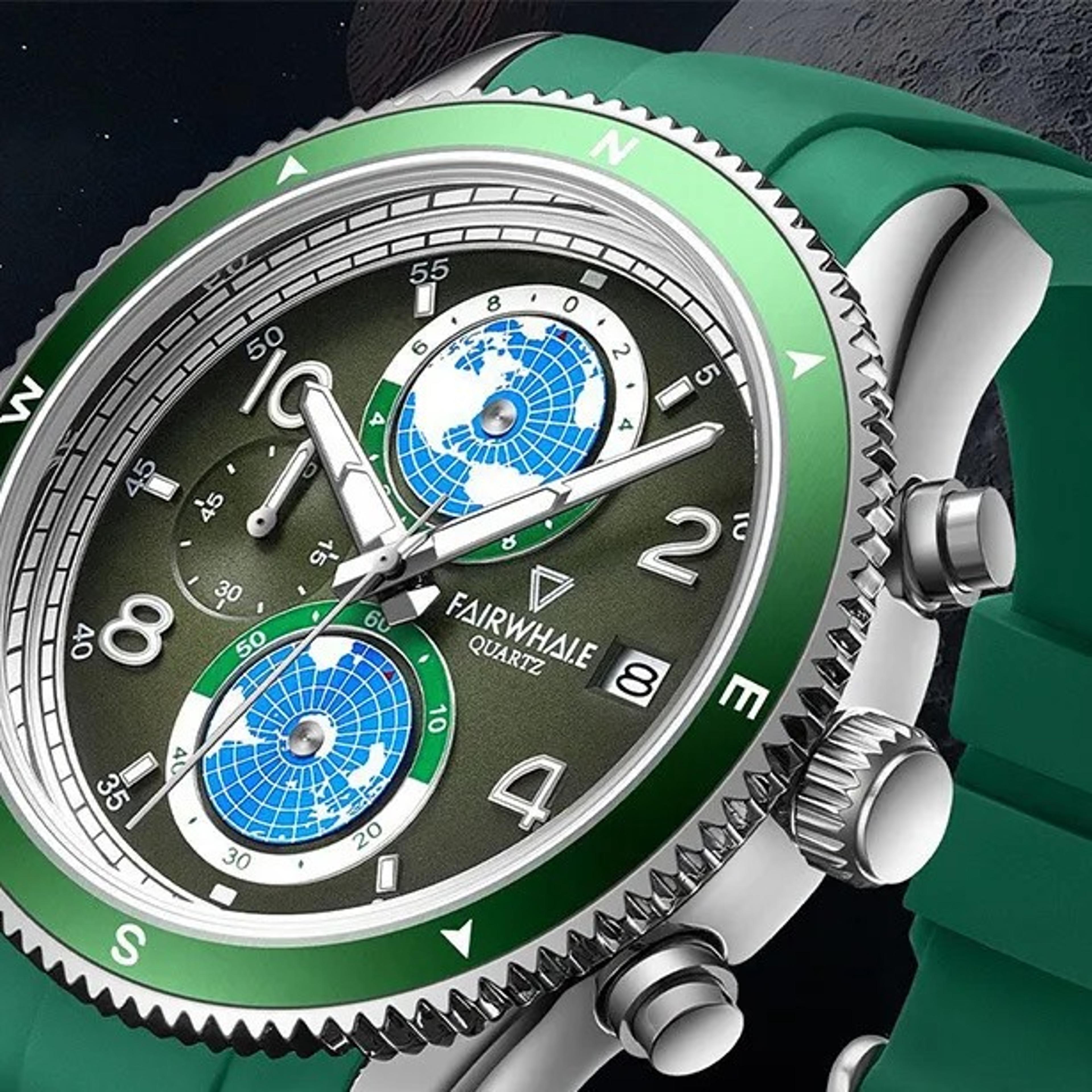 earth dial mens quartz chronograph watch waterproof sports watch with silicone strap