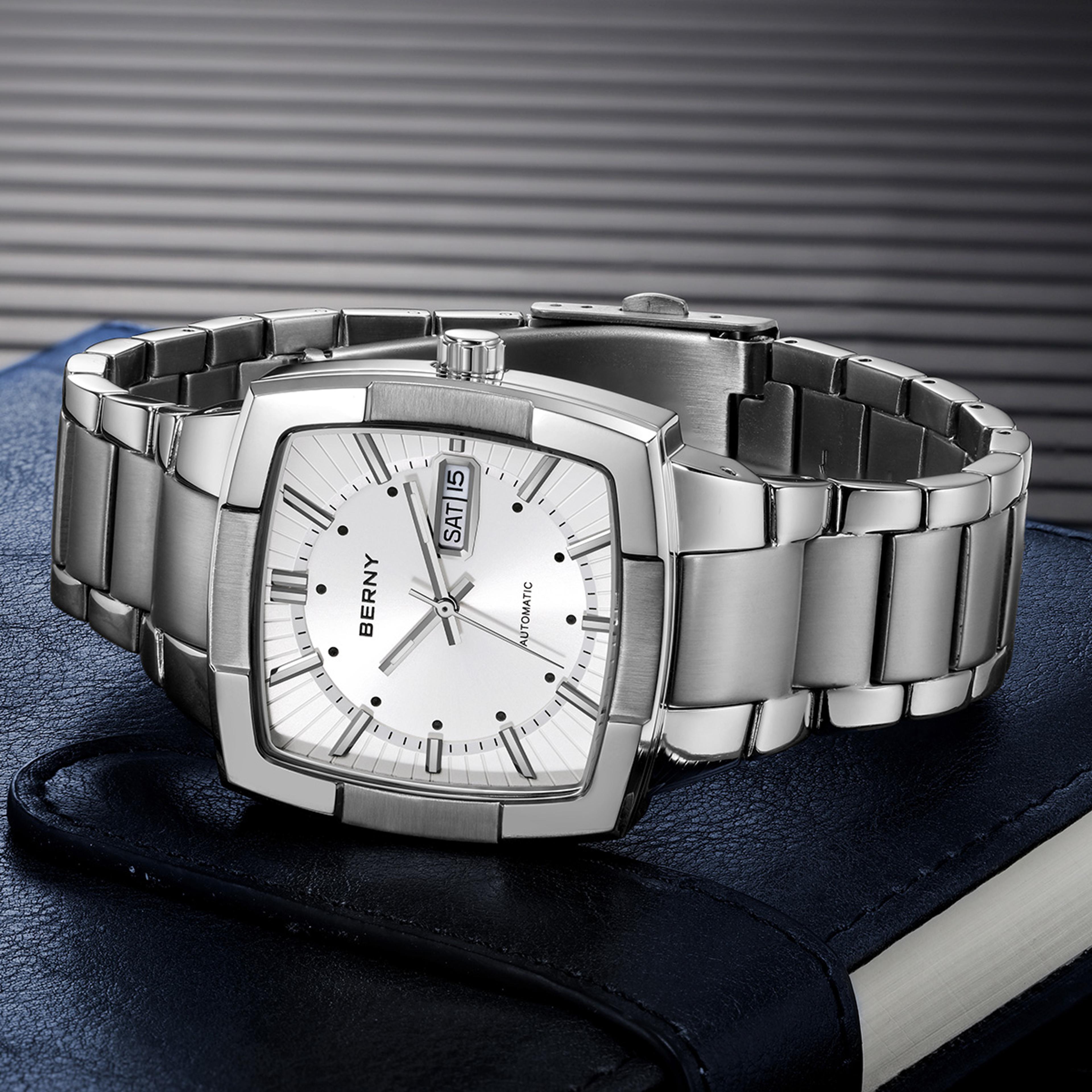 automatic self winding mens watch luminous stainless steel calendar wristwatch