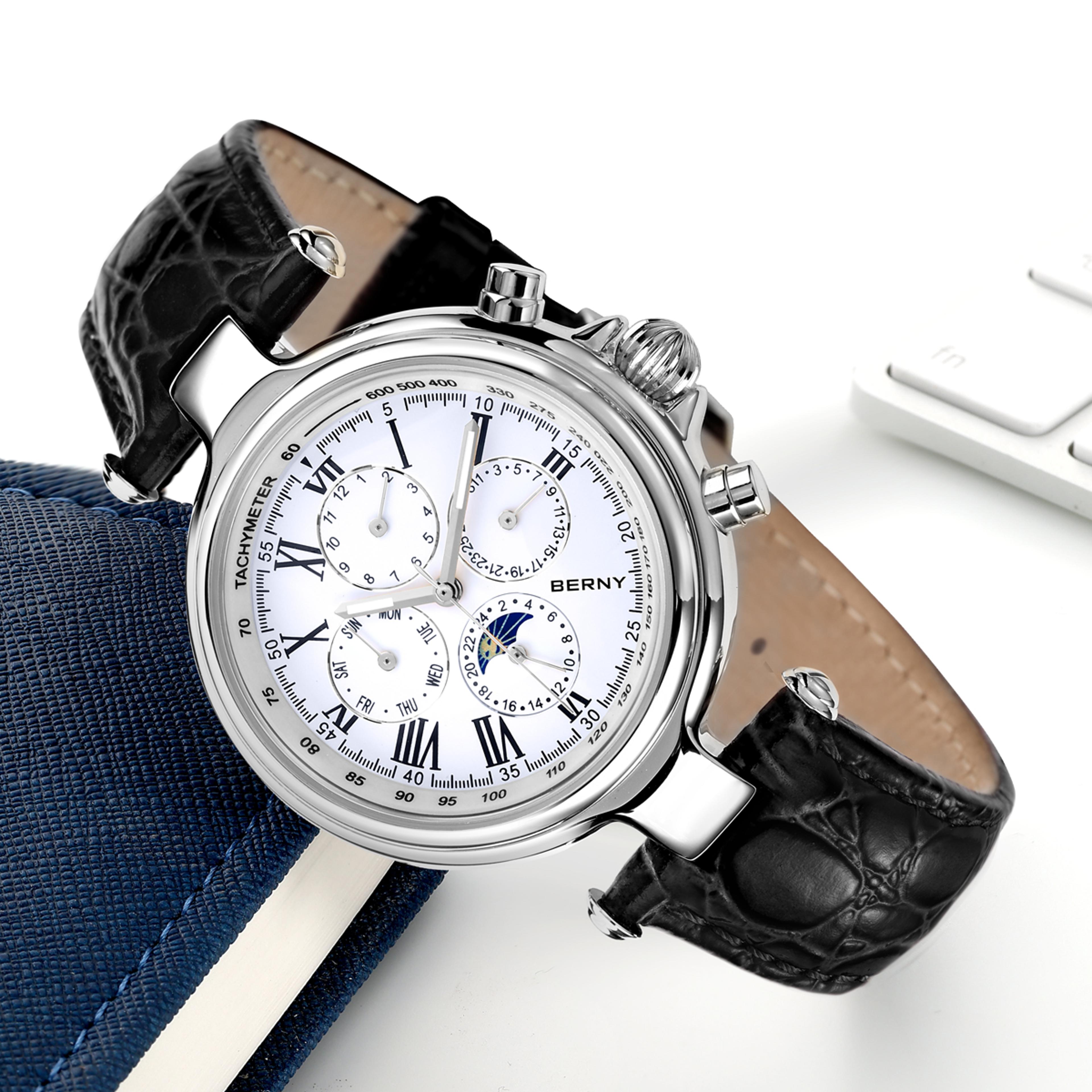 classic automatic mechanical dress watch for men with stainless steel case and leather strap