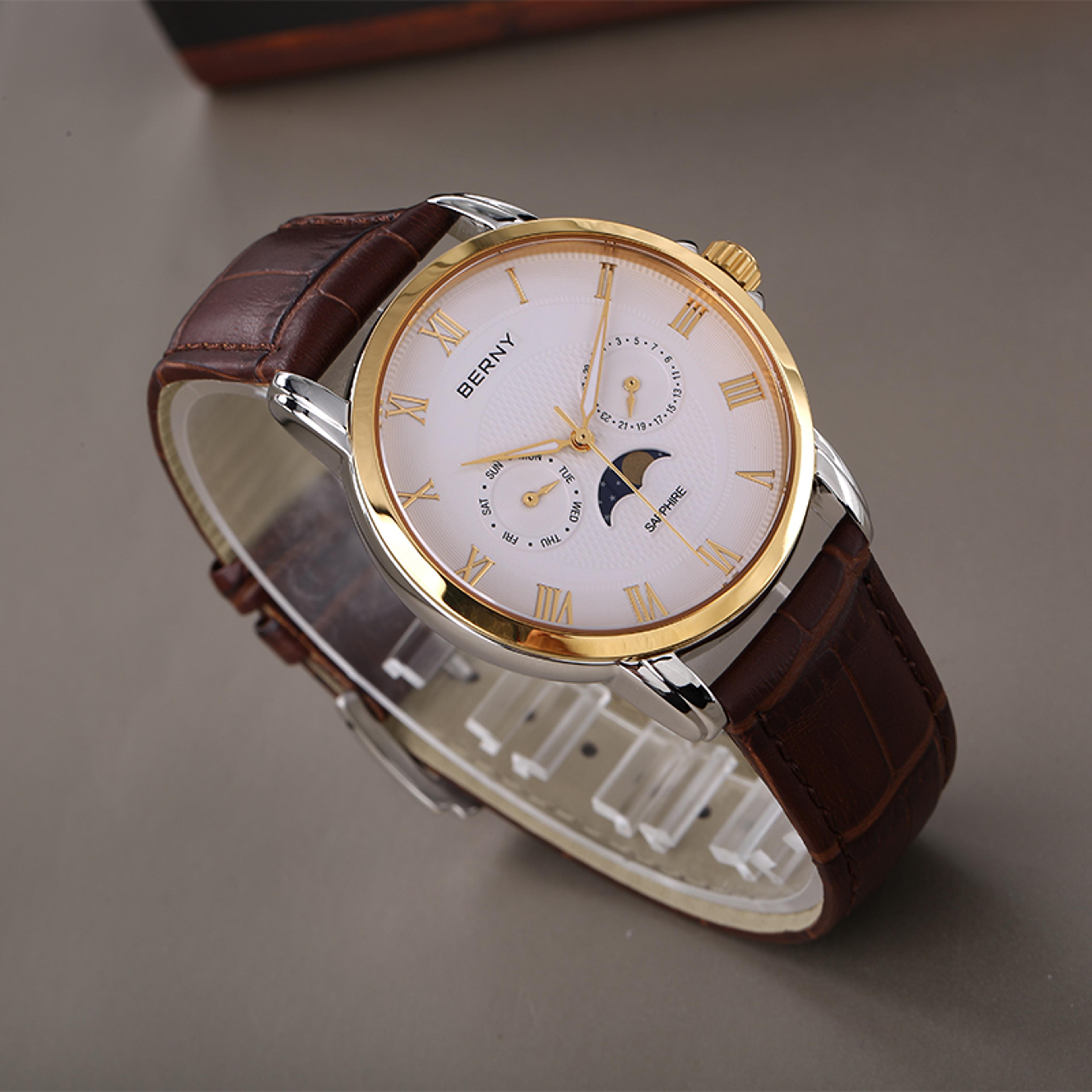 mens moon phase quartz watch sapphire stainless steel business dress watch