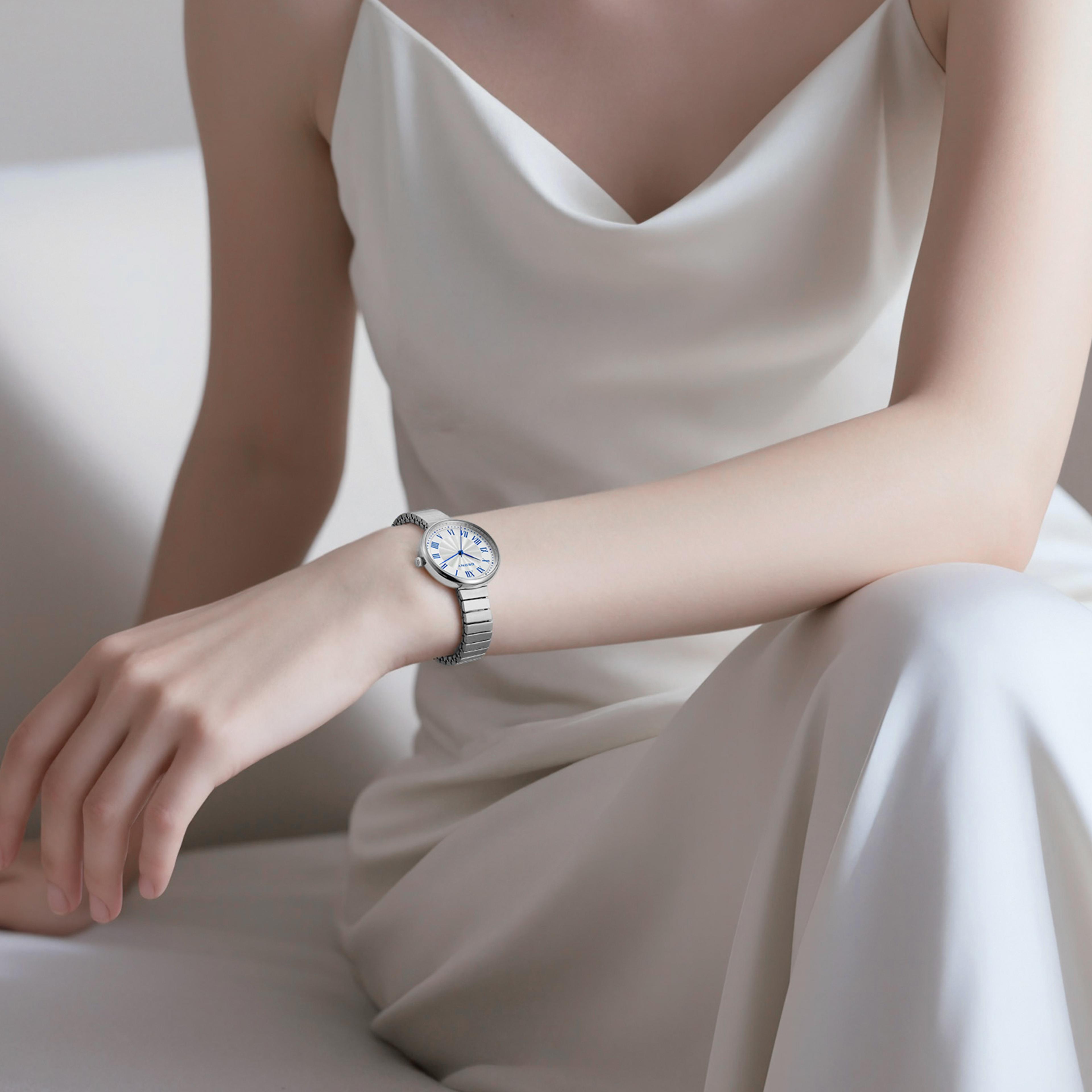 elegant water wave dial women stainless steel quartz watch