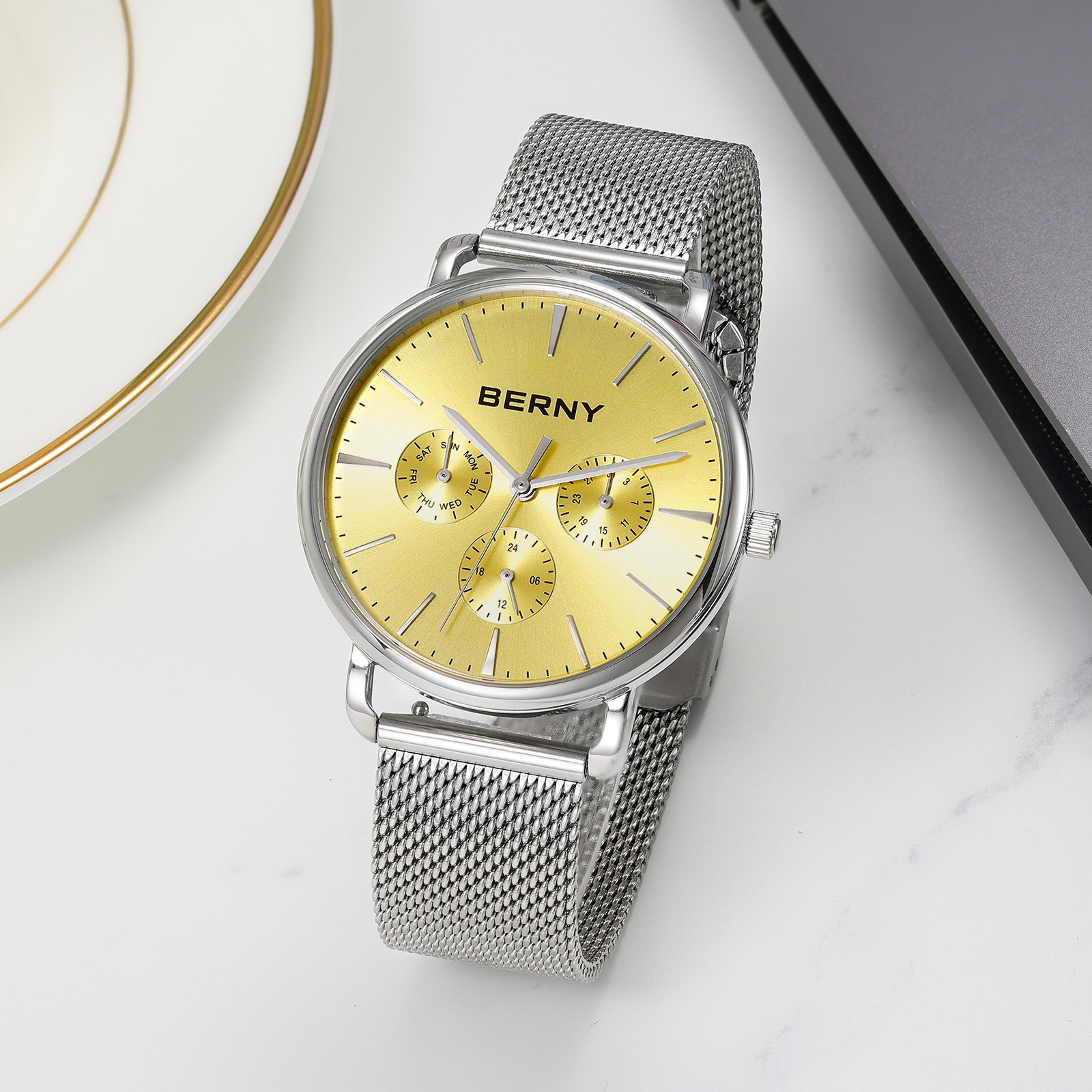 modernist slim quartz watch for men stainless steel day date wristwatch
