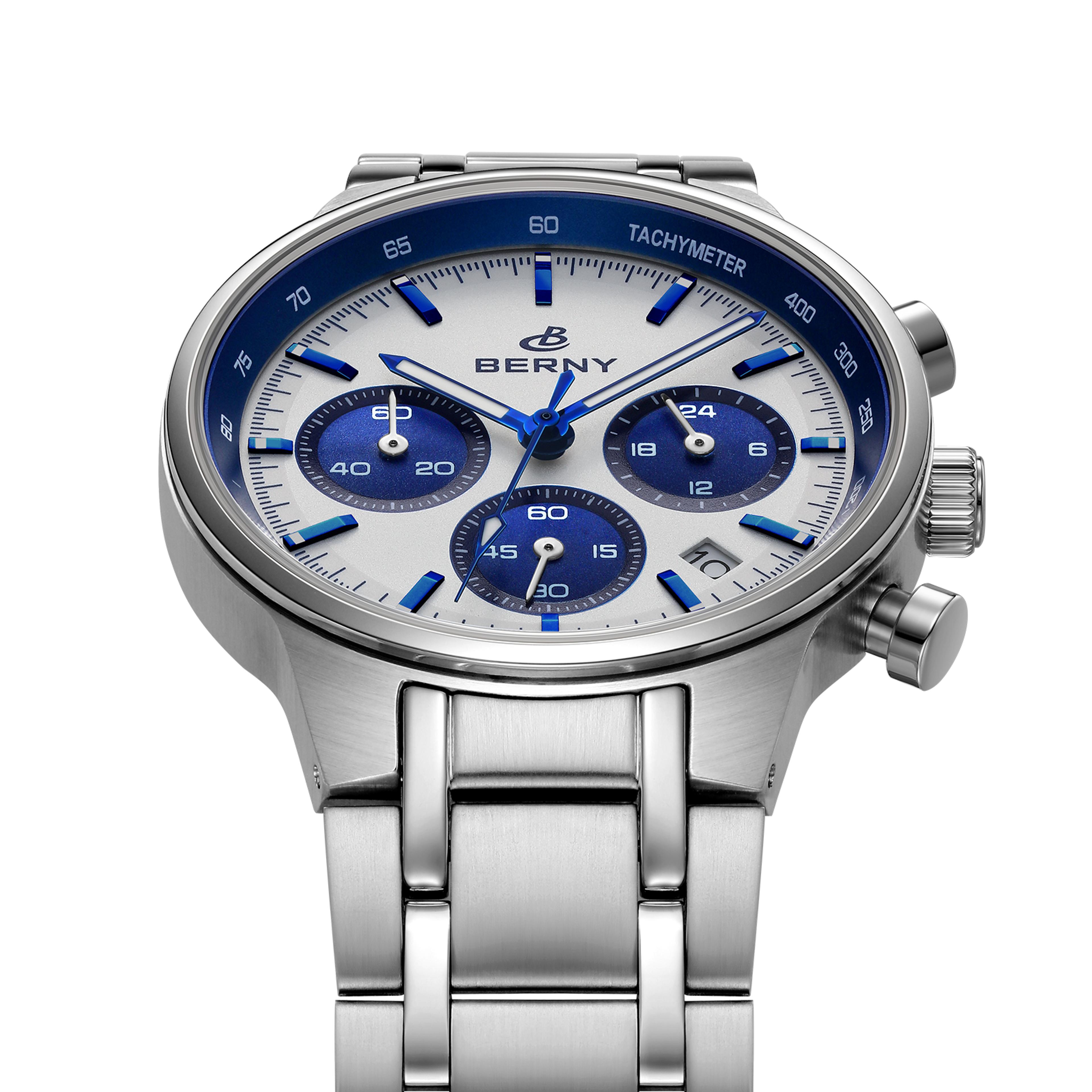 mens chronograph watch sapphire crystal stainless steel panda dial quartz watch