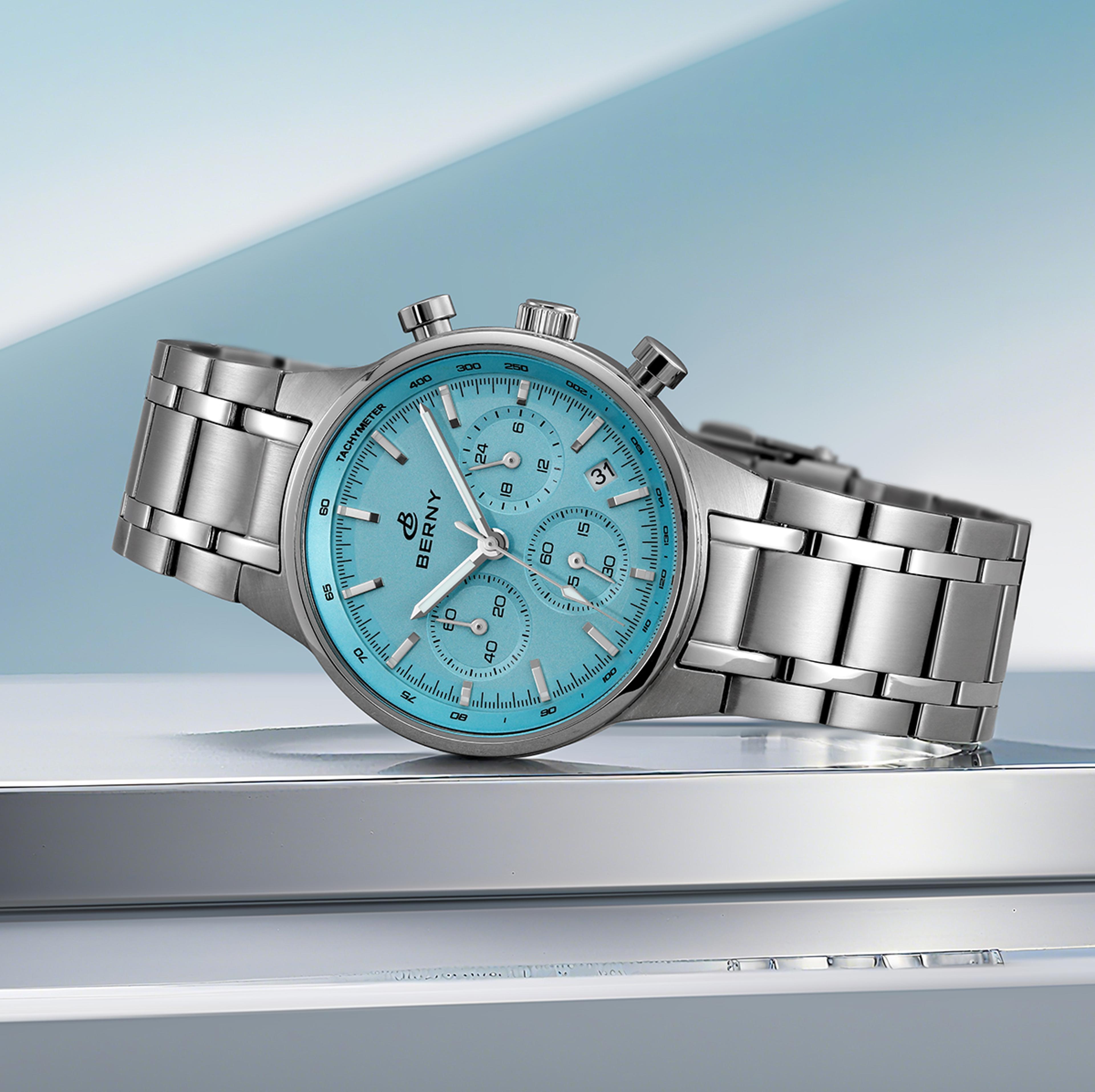 retro mens quartz chronograph watch sapphire crystal stainless steel water resistant