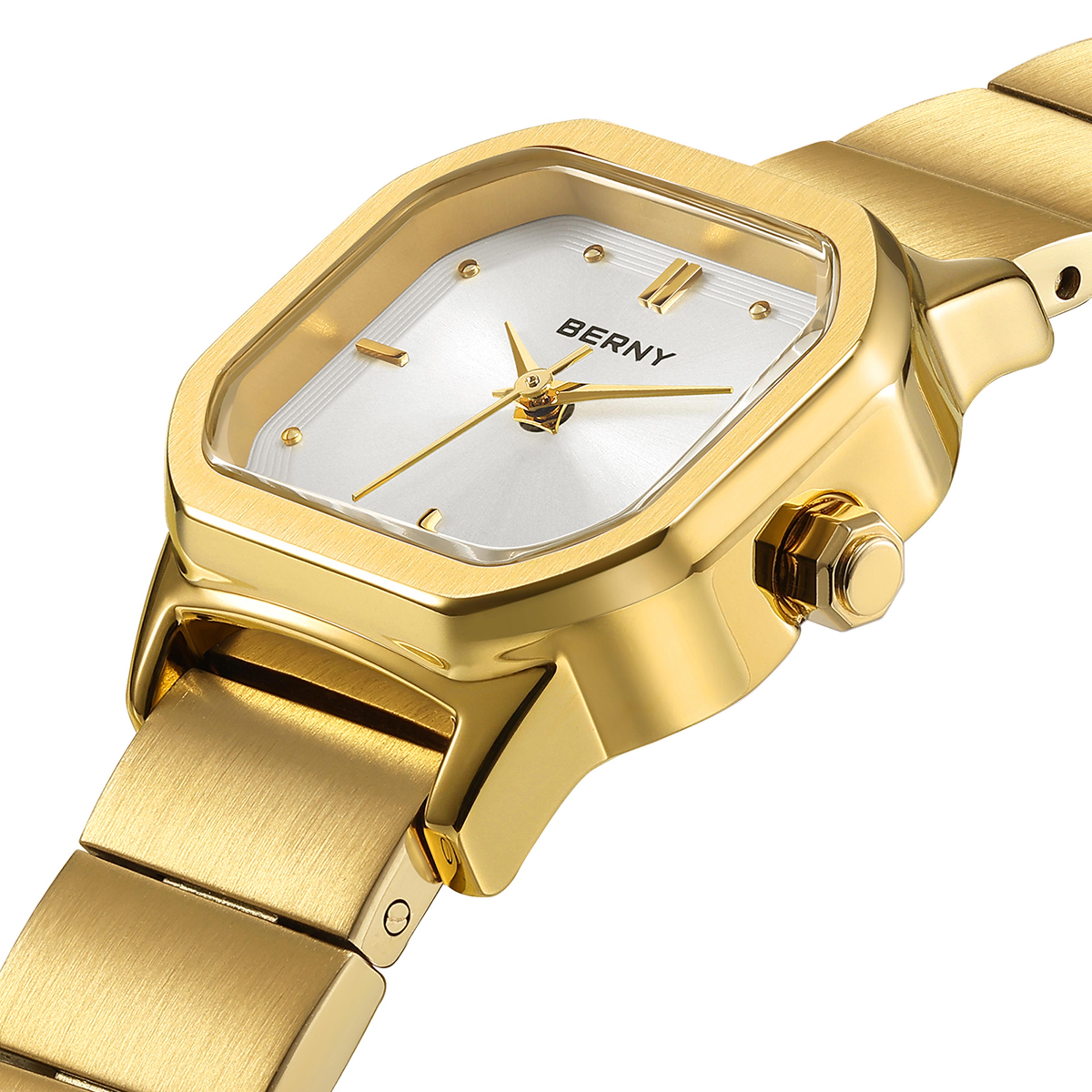 elegant gold square pink dial quartz watch for women stainless steel waterproof wristwatch