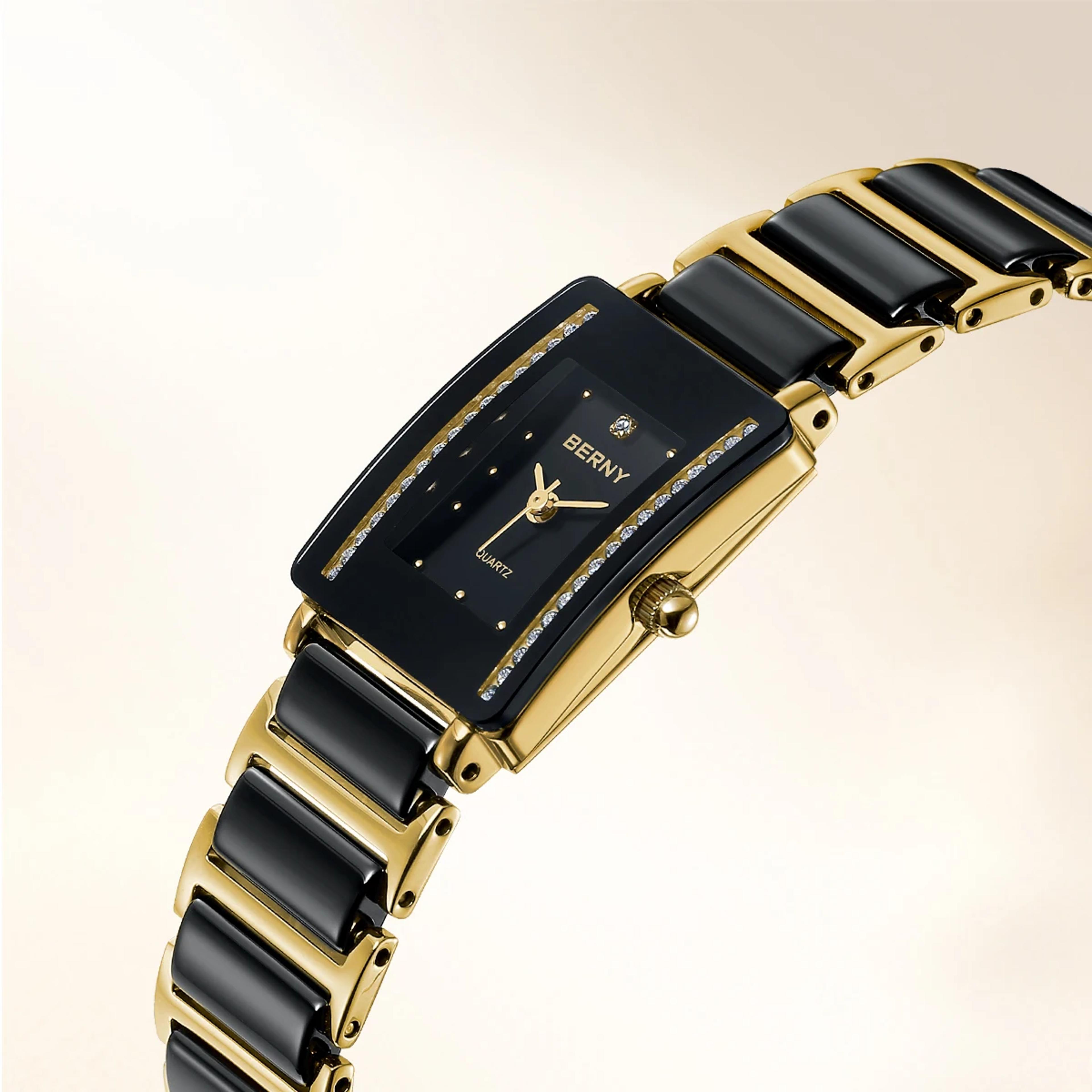 elegant gold rectangle quartz watch ceramic bracelet luxury womens wristwatch
