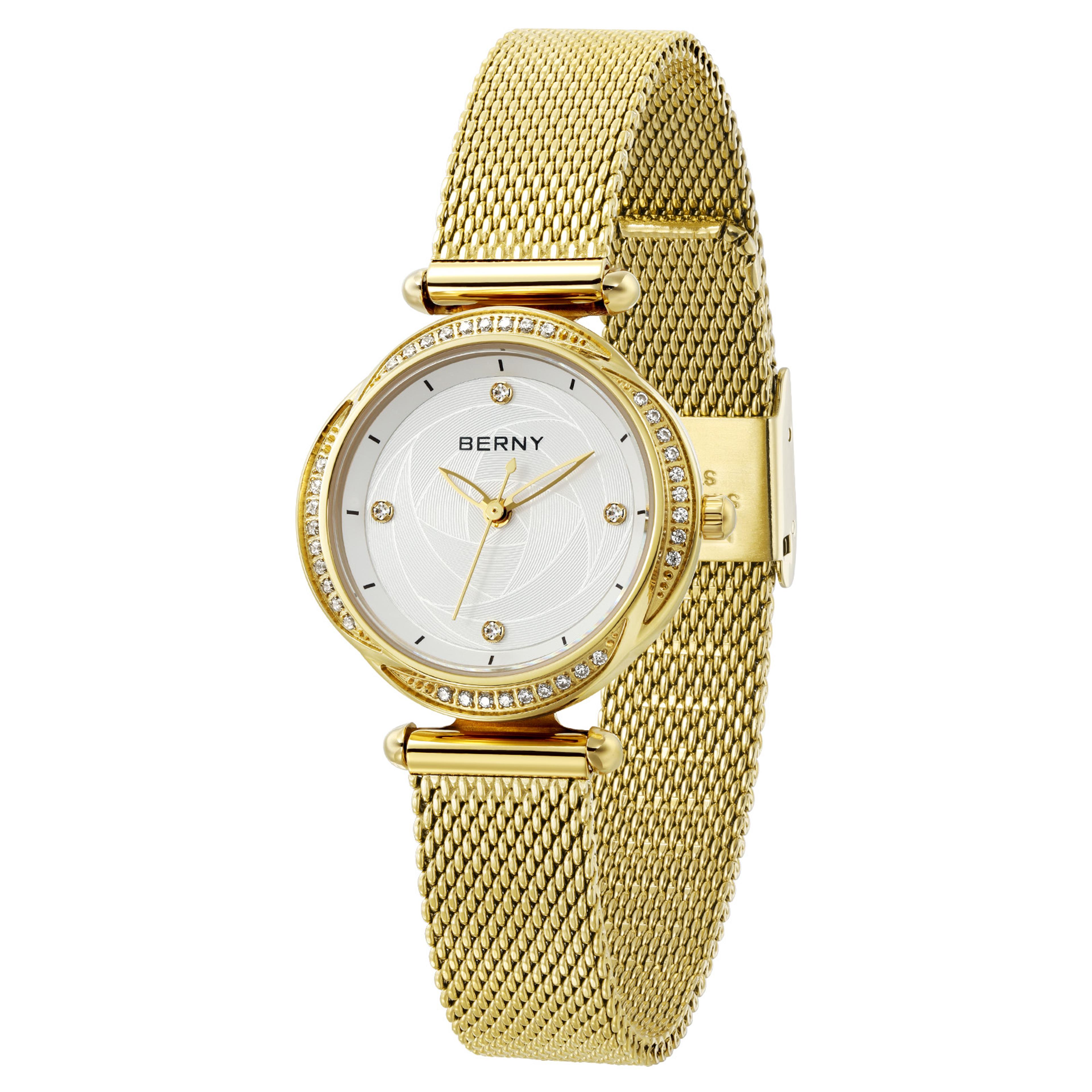 luxury gold womens watch sapphire lens stainless steel mesh strap