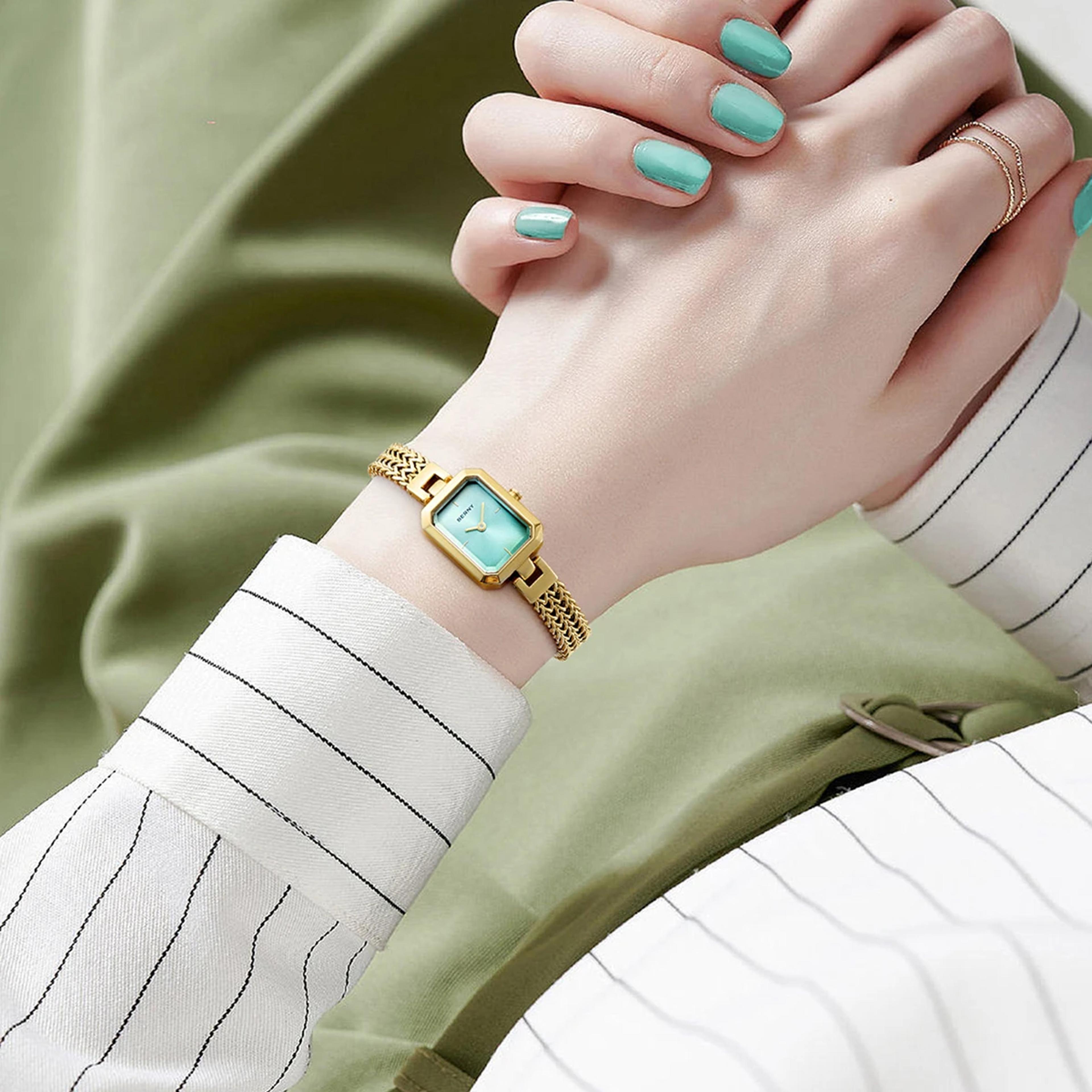 golden rectangle quartz watch for women minimalist stainless steel wristwatch