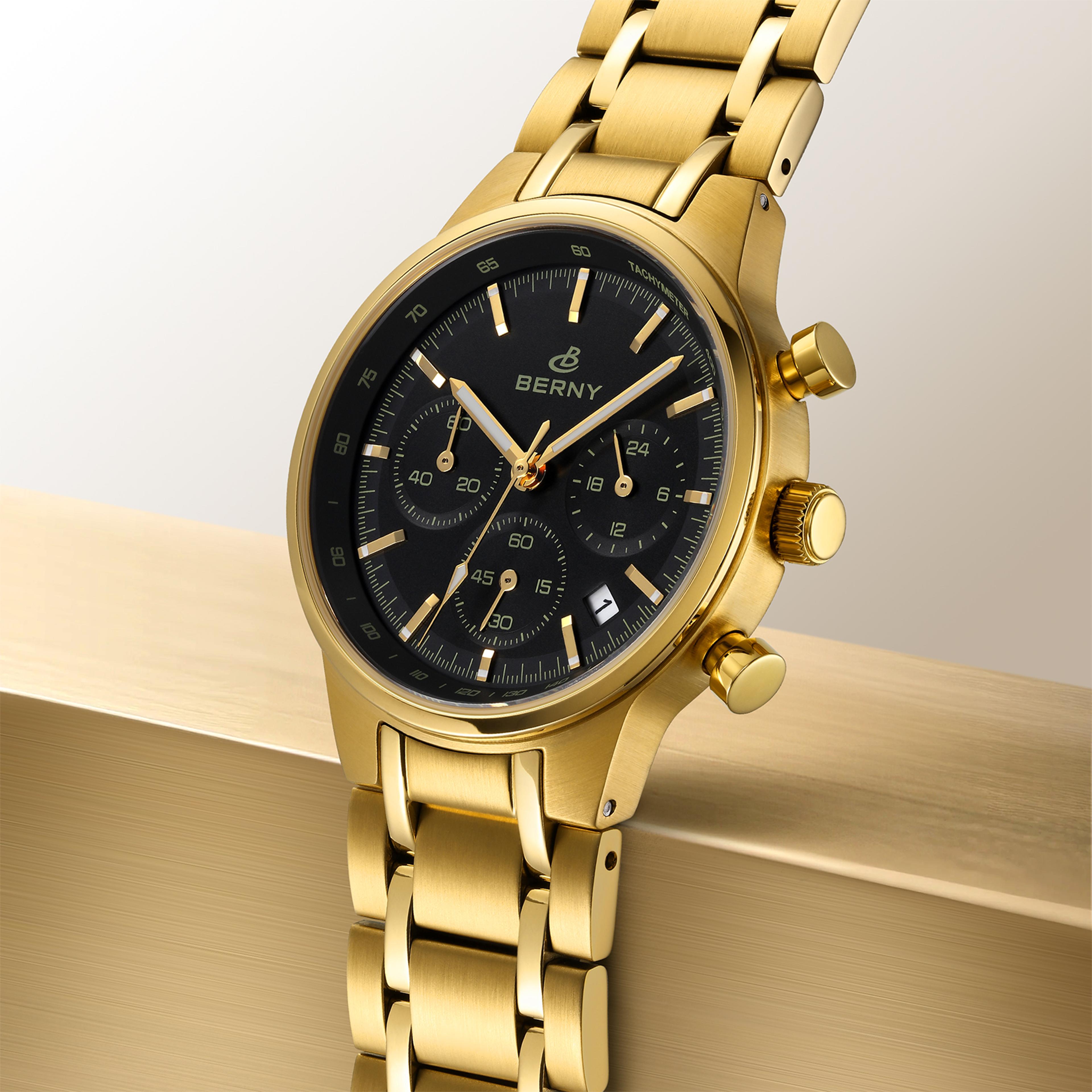 gold panda dial chronograph watch for men sapphire stainless steel quartz sports watch