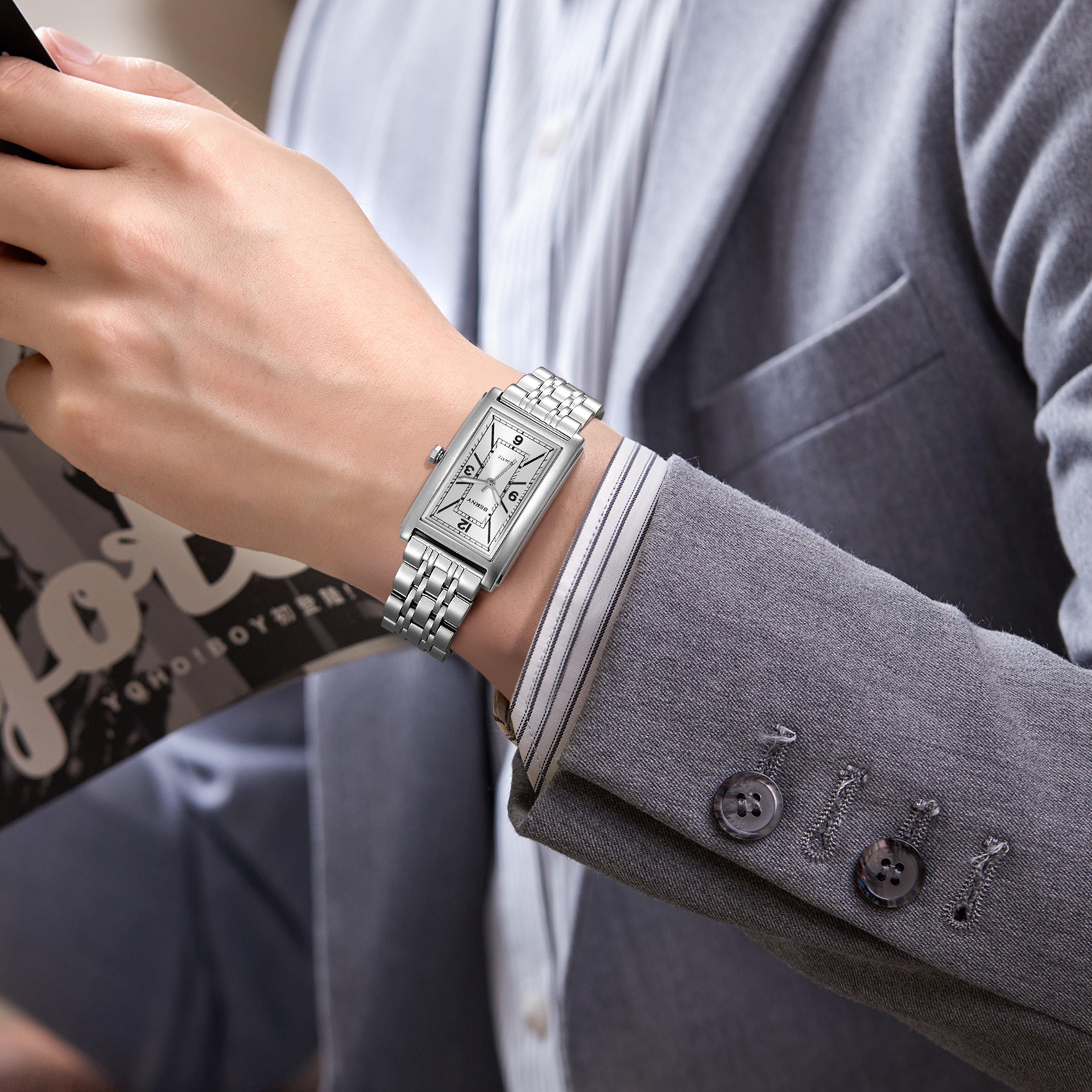luxury square mens quartz watch stainless steel luminous rectangular wristwatch