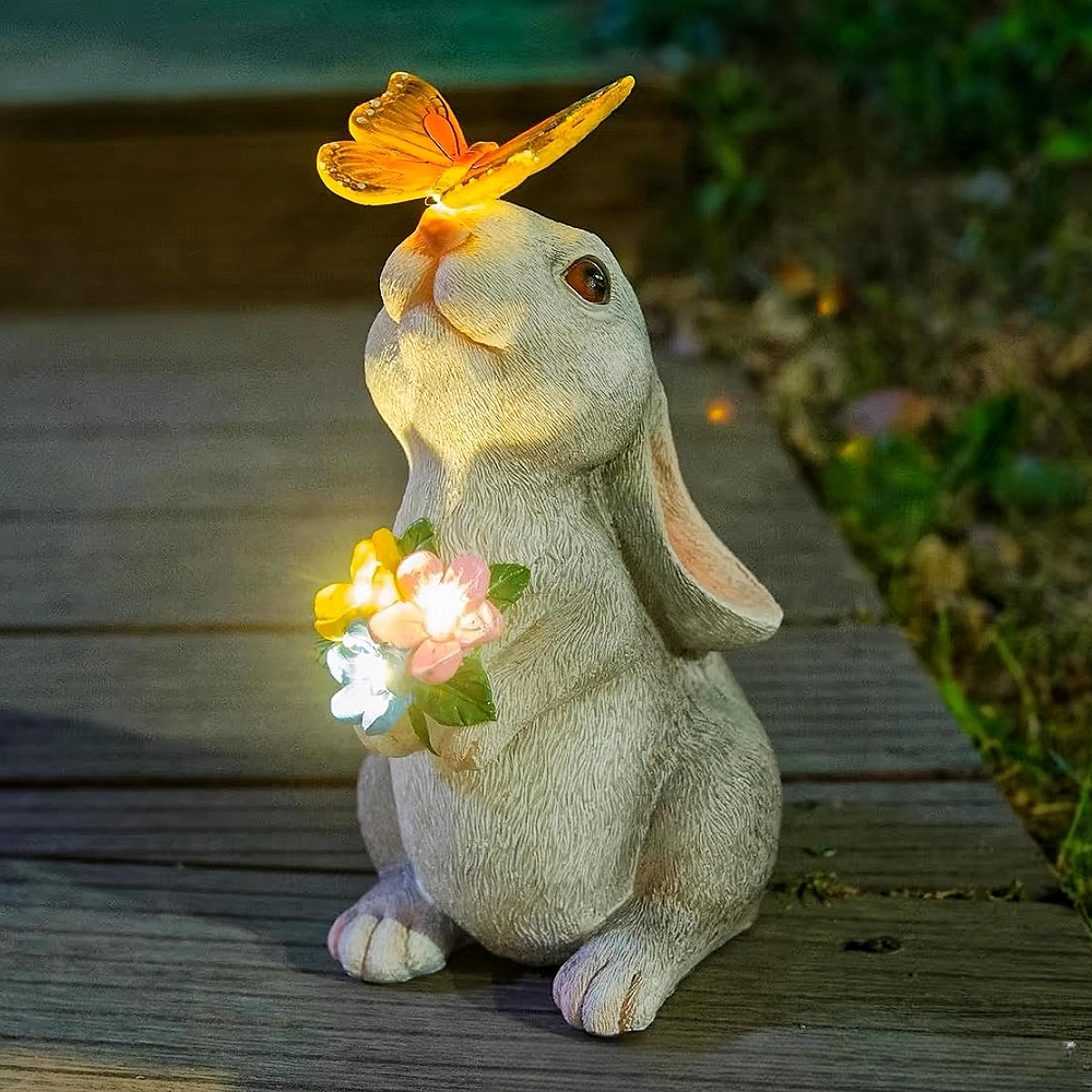 solar bunny garden statue with butterfly led light outdoor resin rabbit decor