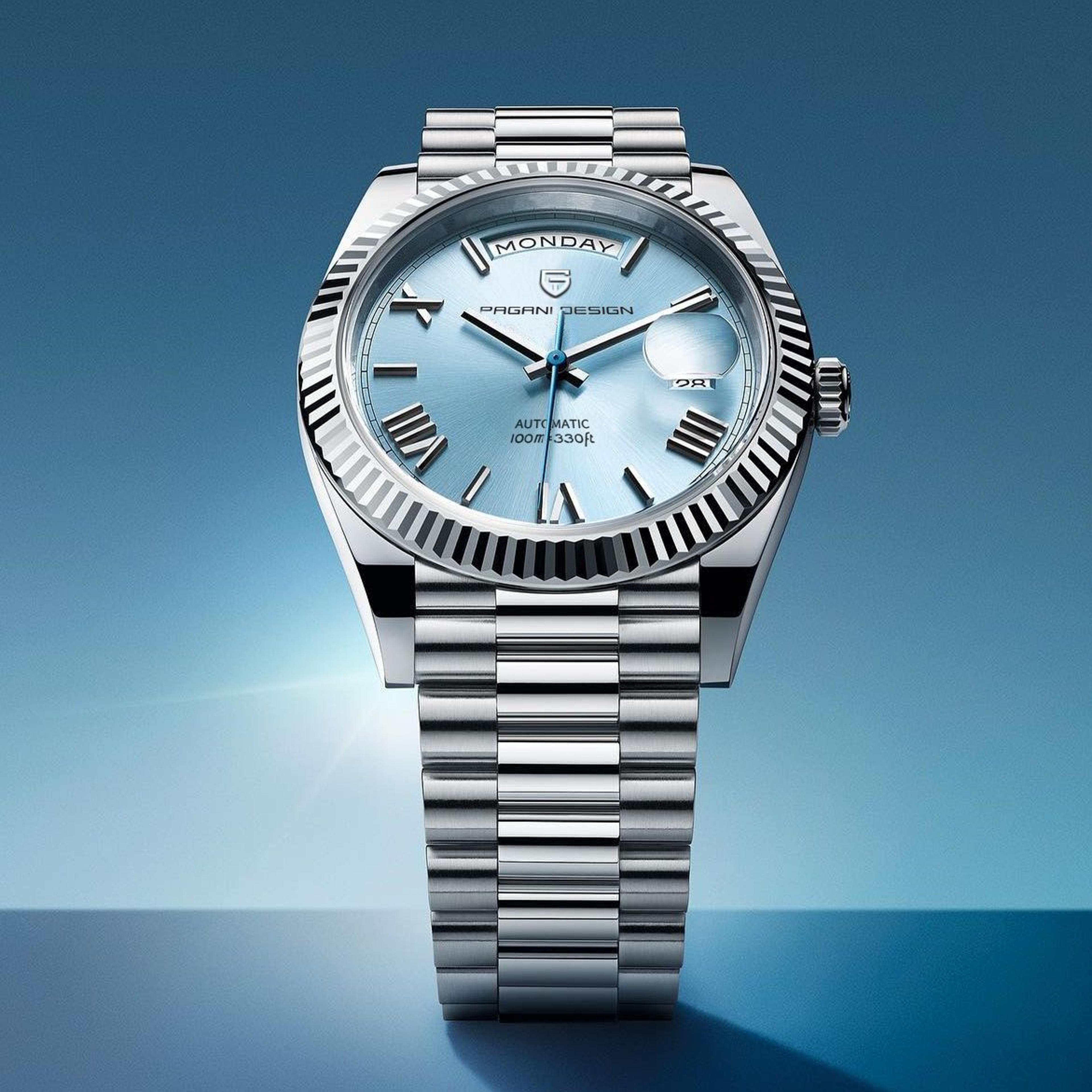 luxury automatic mens watch with sapphire glass and bar water resistance