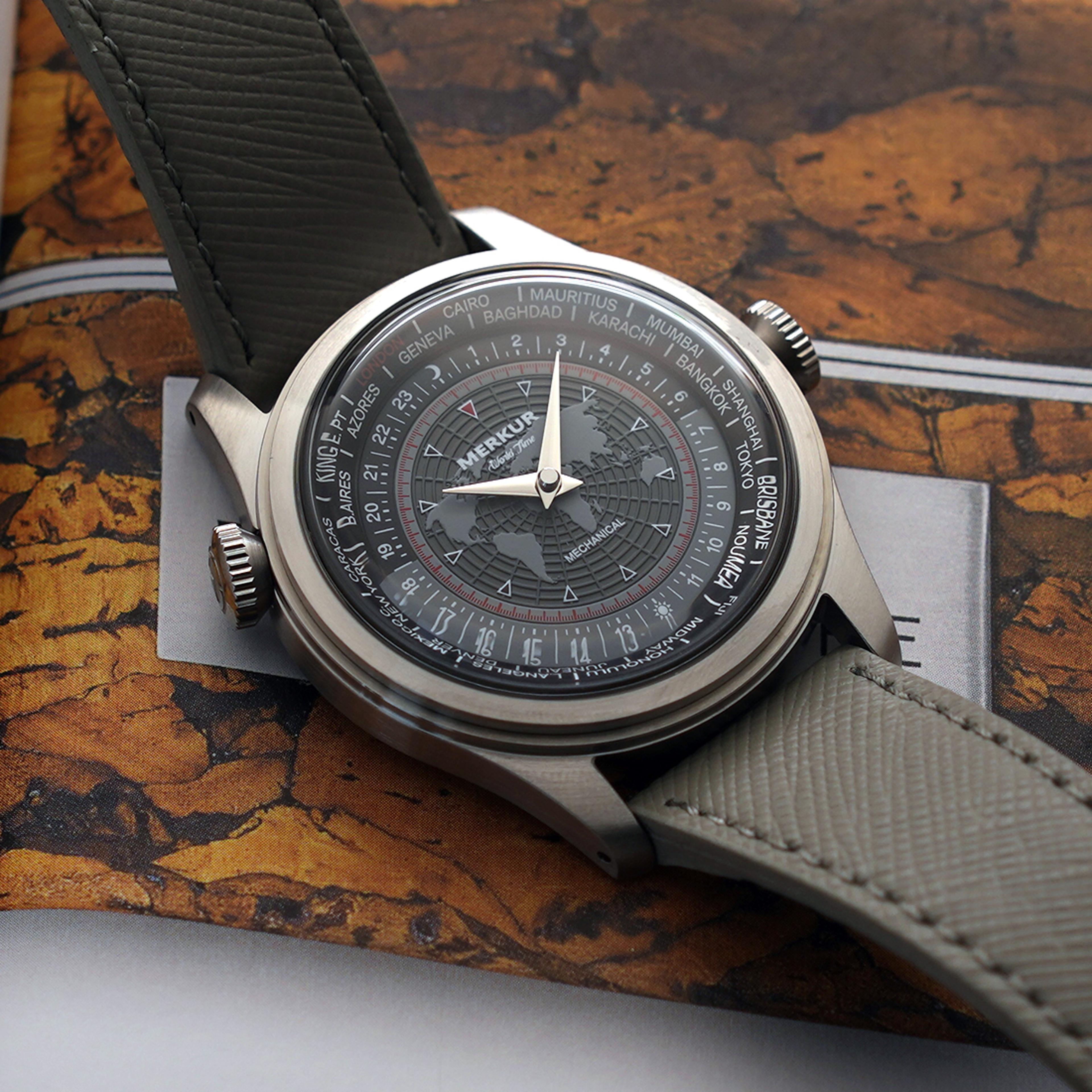 vintage dual crown world time manual mechanical watch for men