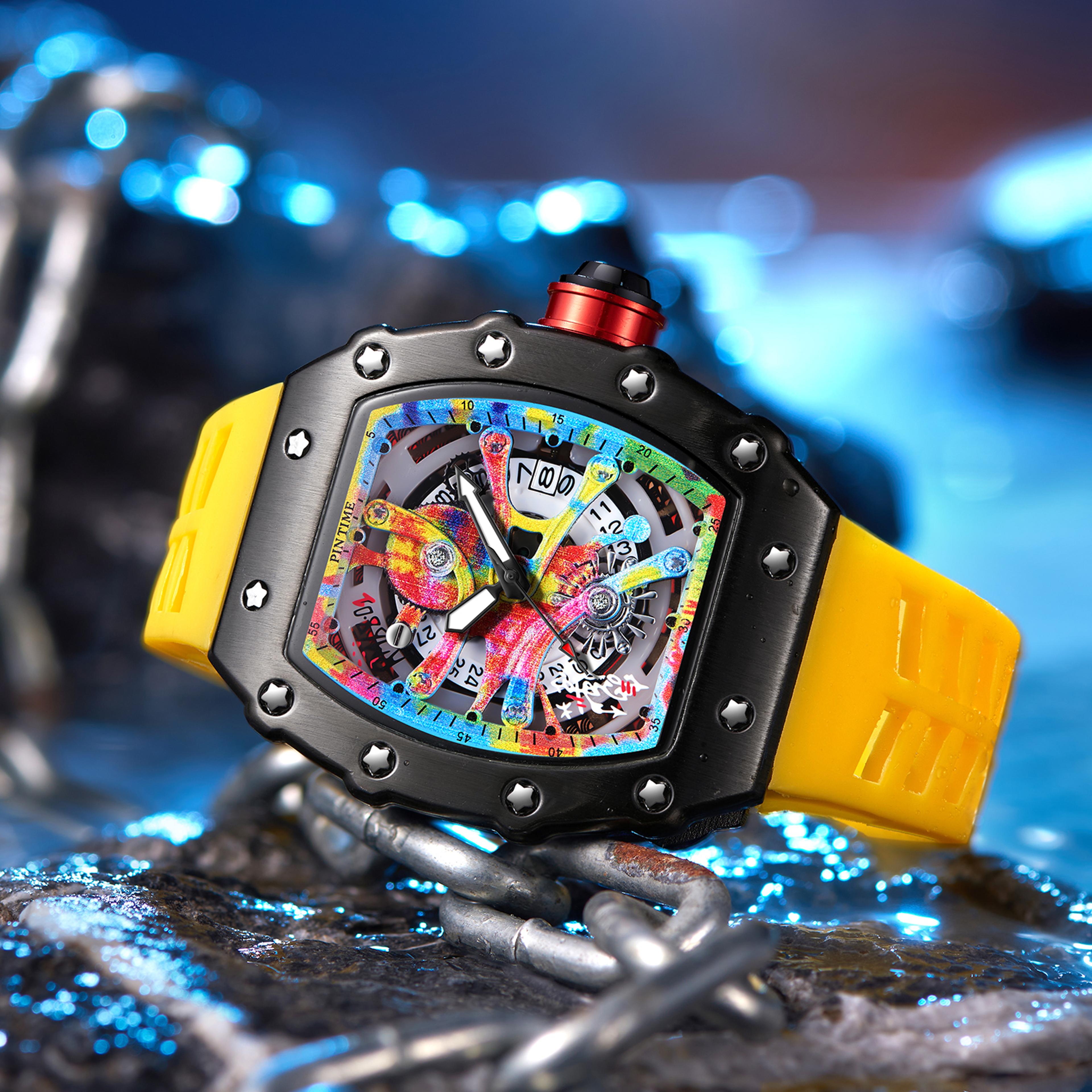 luxury mens tonneau graffiti dial waterproof quartz watch