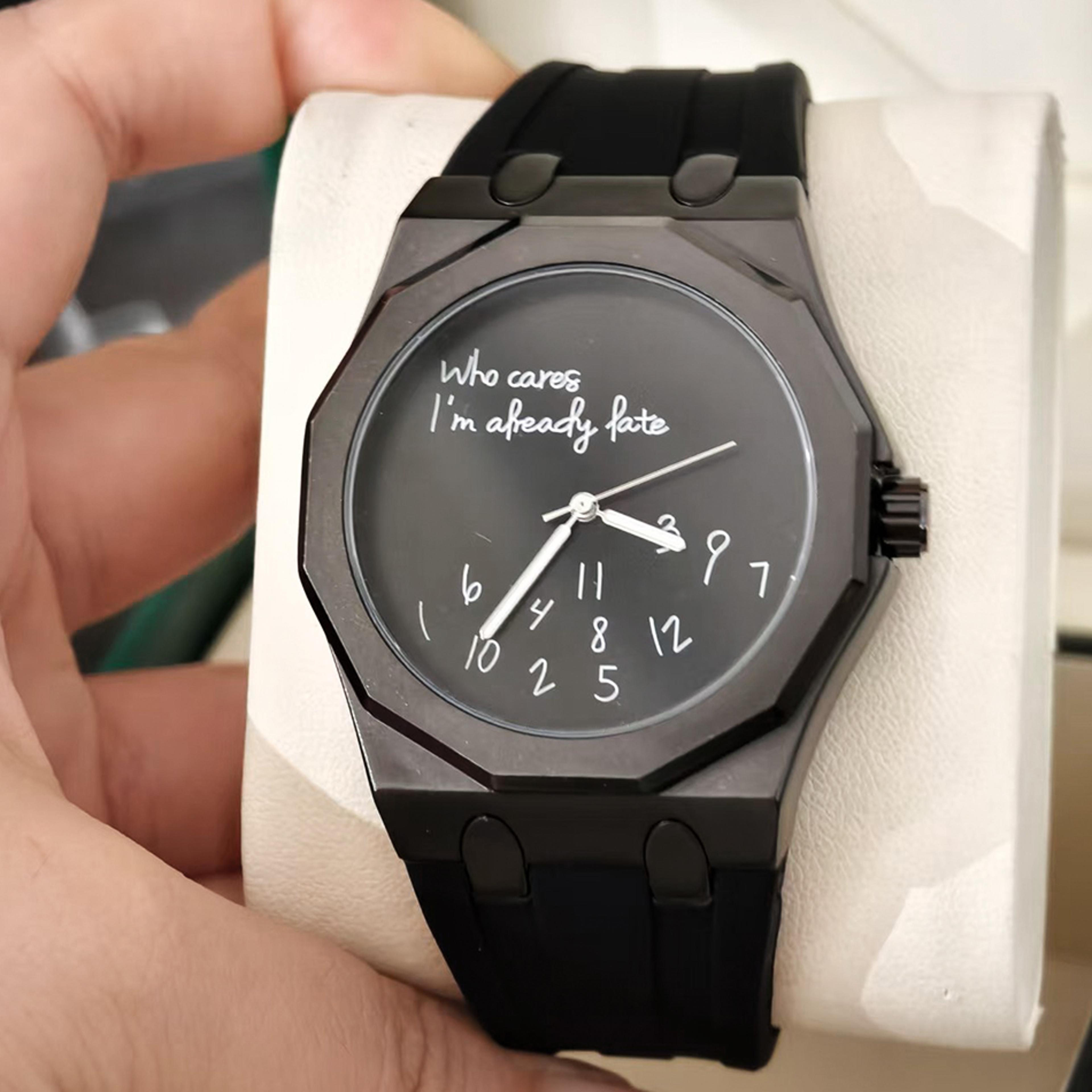 octagon mens quartz watch with silicone strap and funny slogan dial