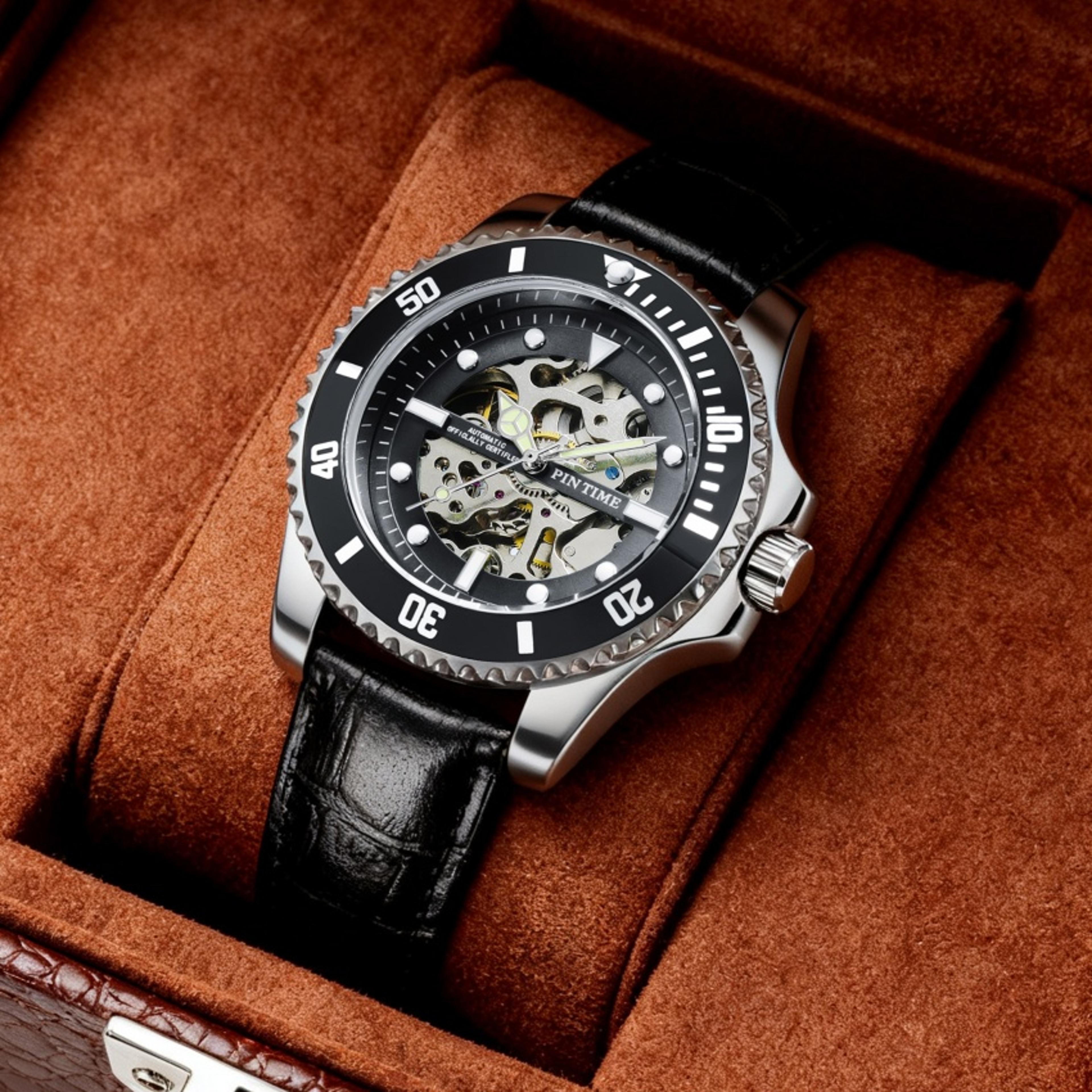 luxury automatic skeleton watch for men with luminous dial and leather strap