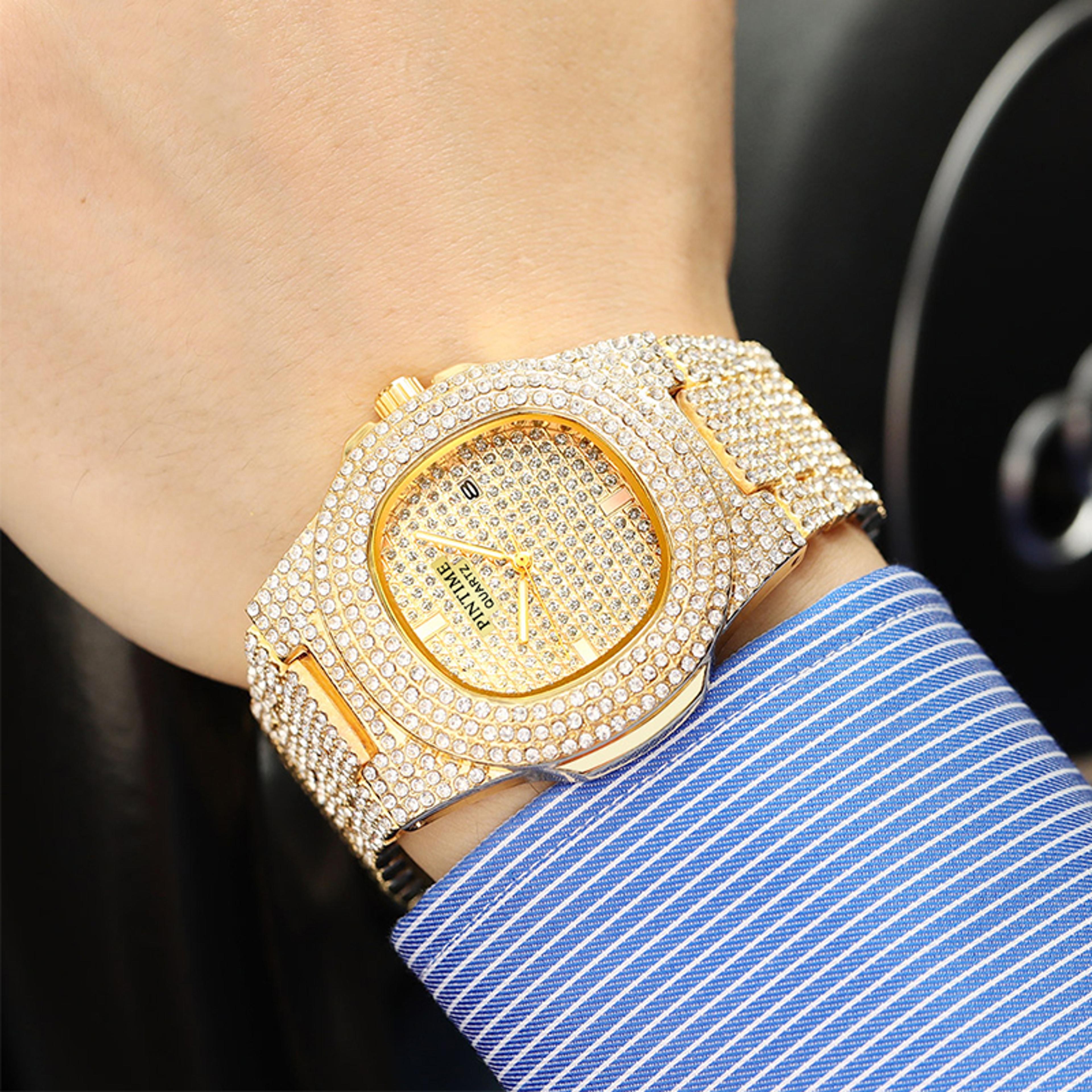 mens iced out diamond quartz watch waterproof stainless steel calendar wristwatch