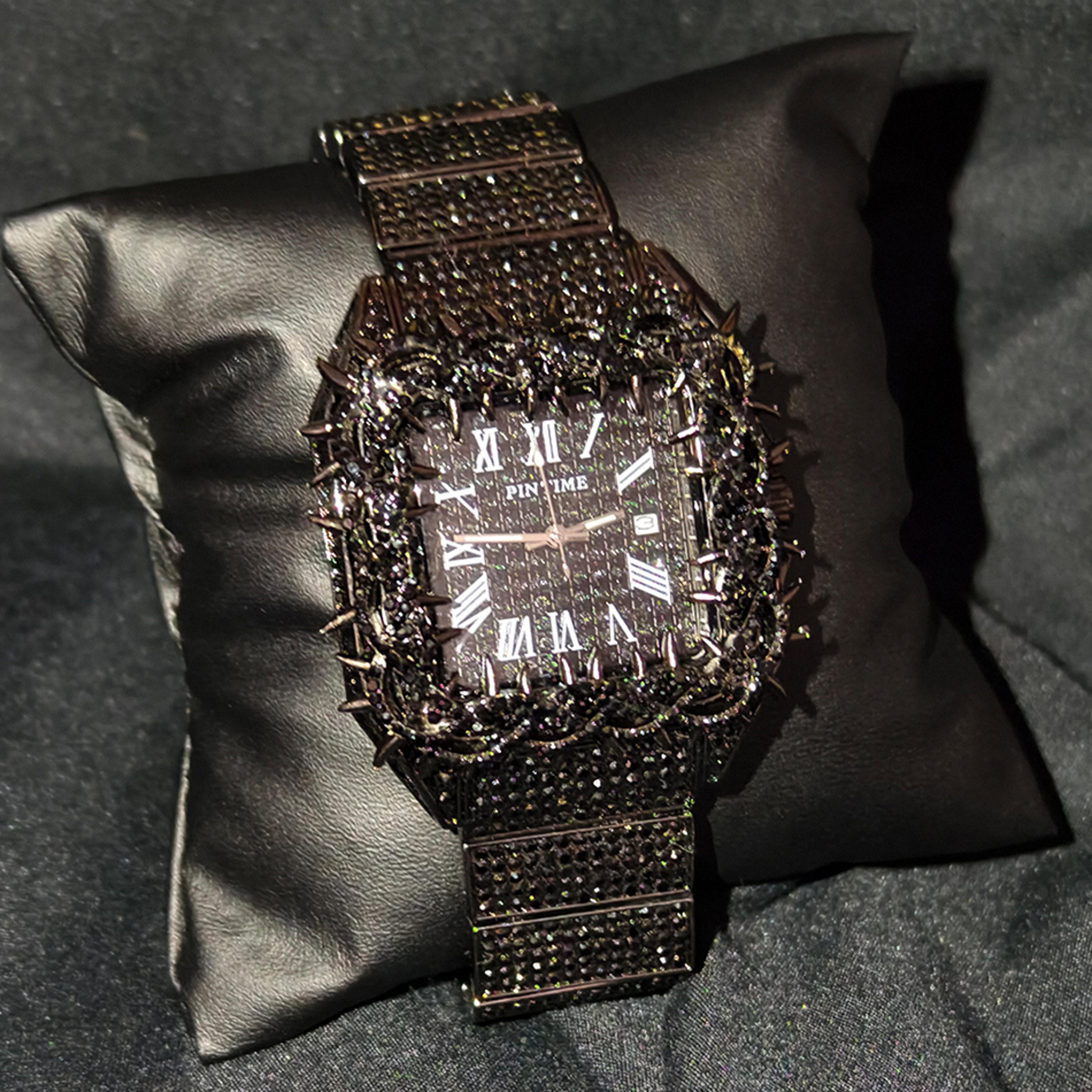 black spiked iced out hip hop crystal quartz watch for men