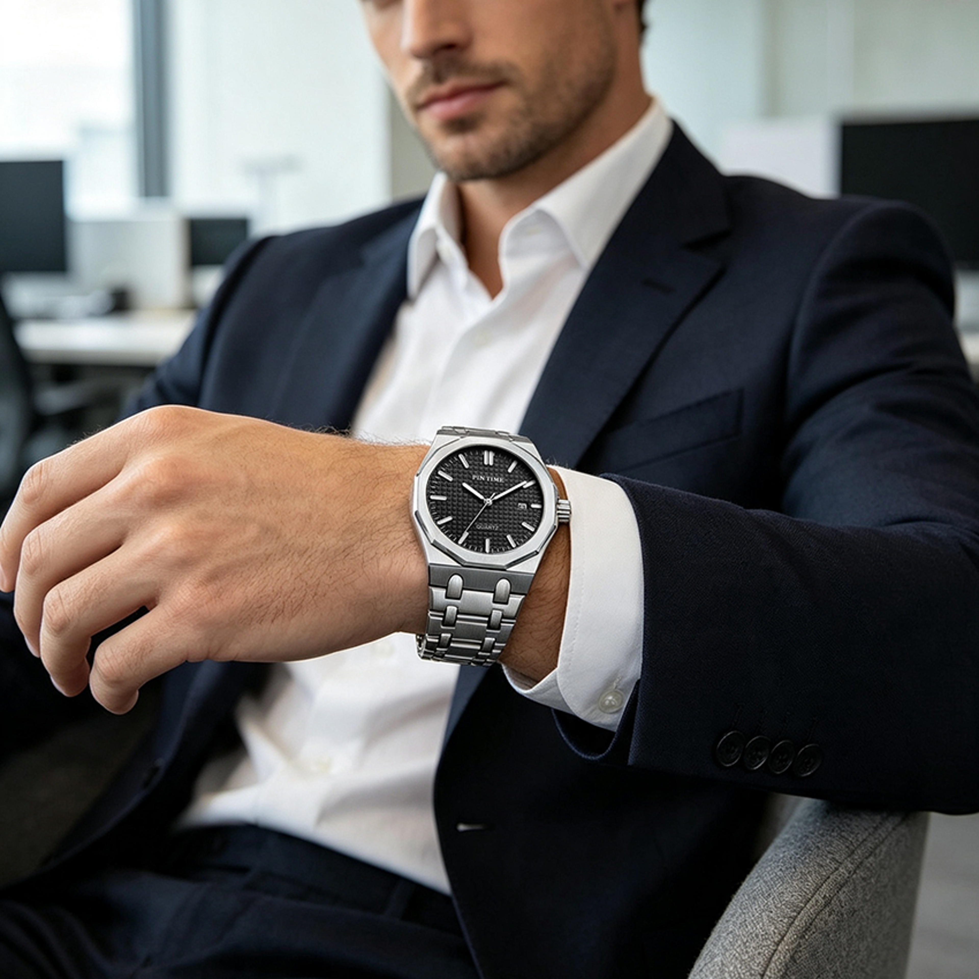 silver stainless steel mens quartz watch minimalist business calendar wrist watch