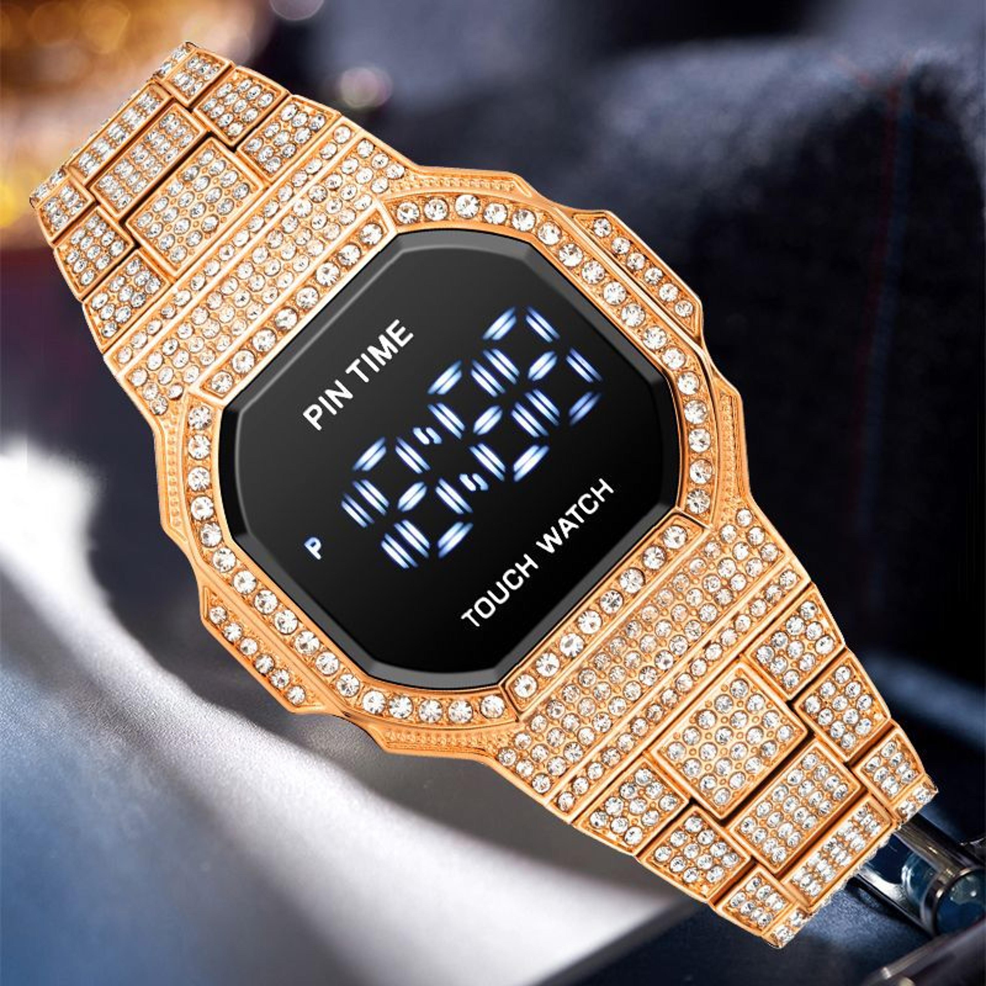 luxury gold rhinestone digital watch unisex bracelet statement timepiece