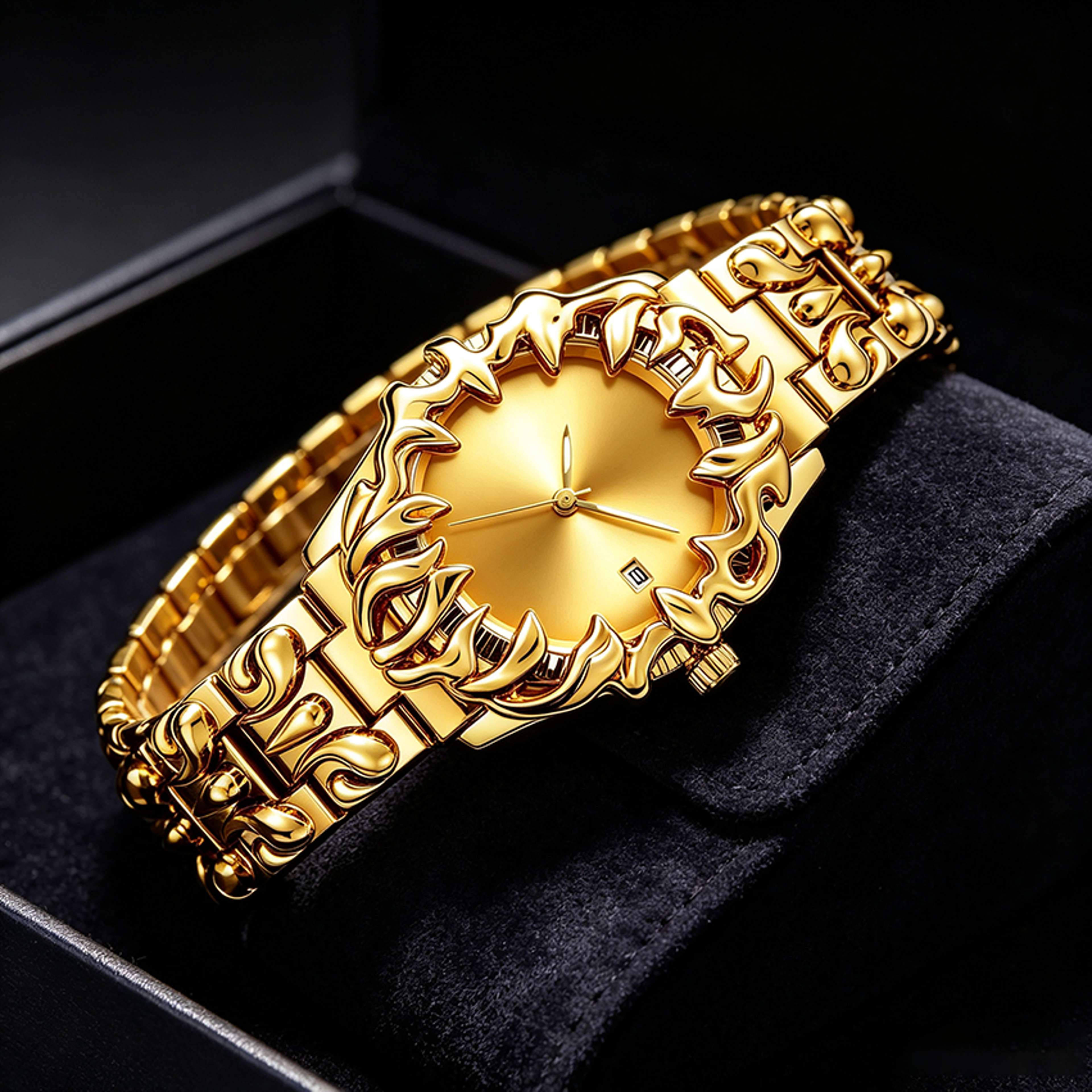 gold quartz flame bezel stainless steel date watch for men and women
