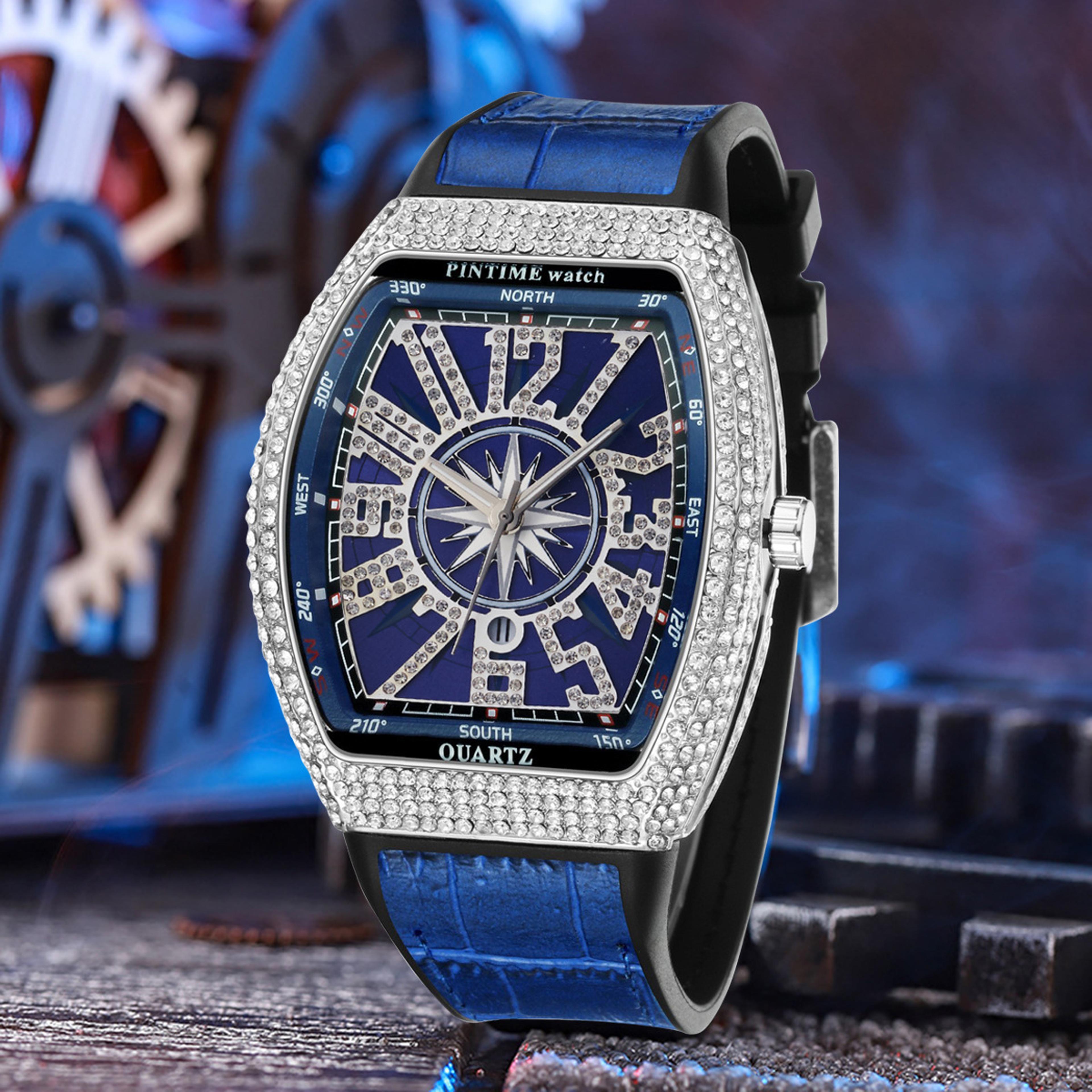 luxury mens quartz watch with large arabic numeral dial and diamond style accents