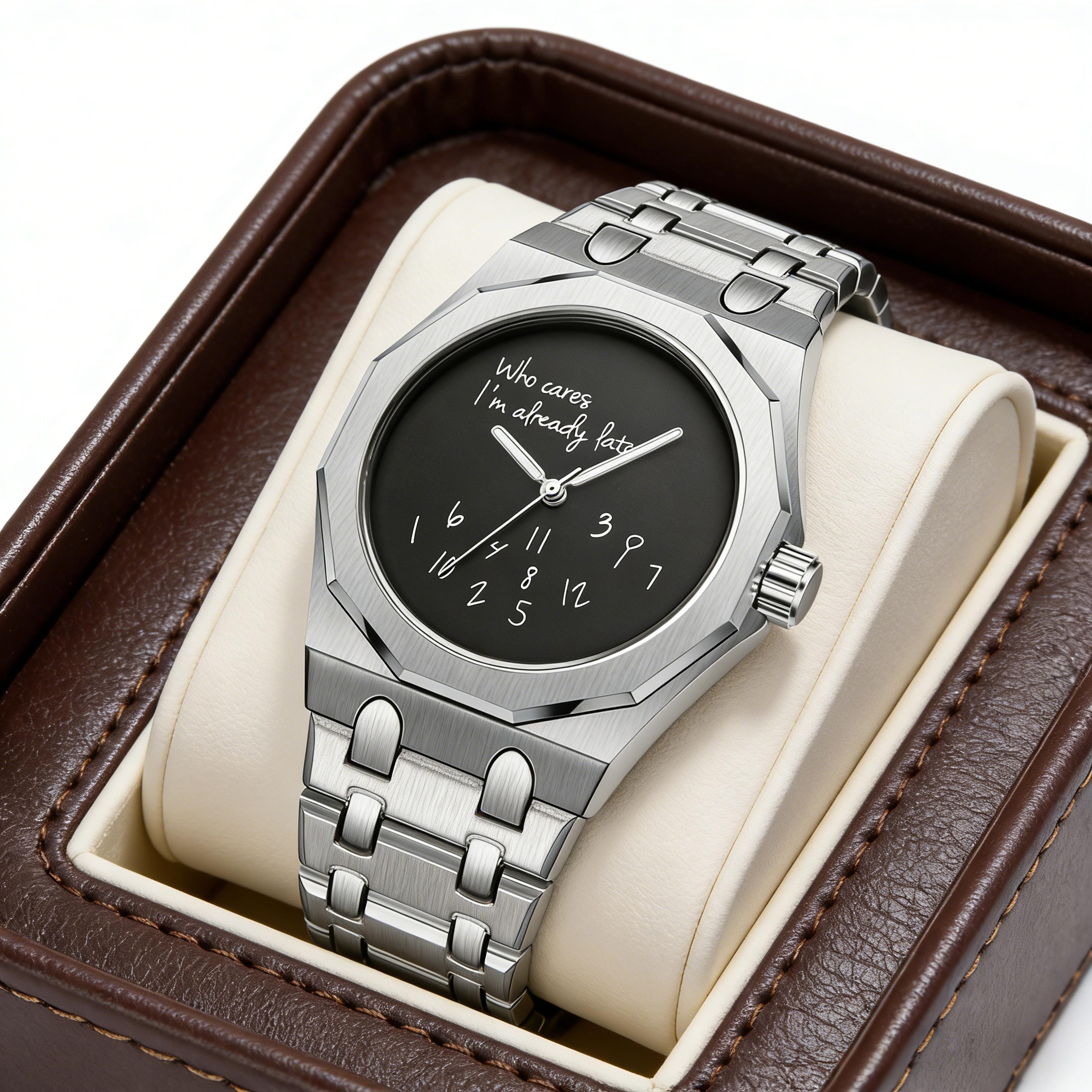 octagon stainless steel mens watch with fun slogan dial and quartz style
