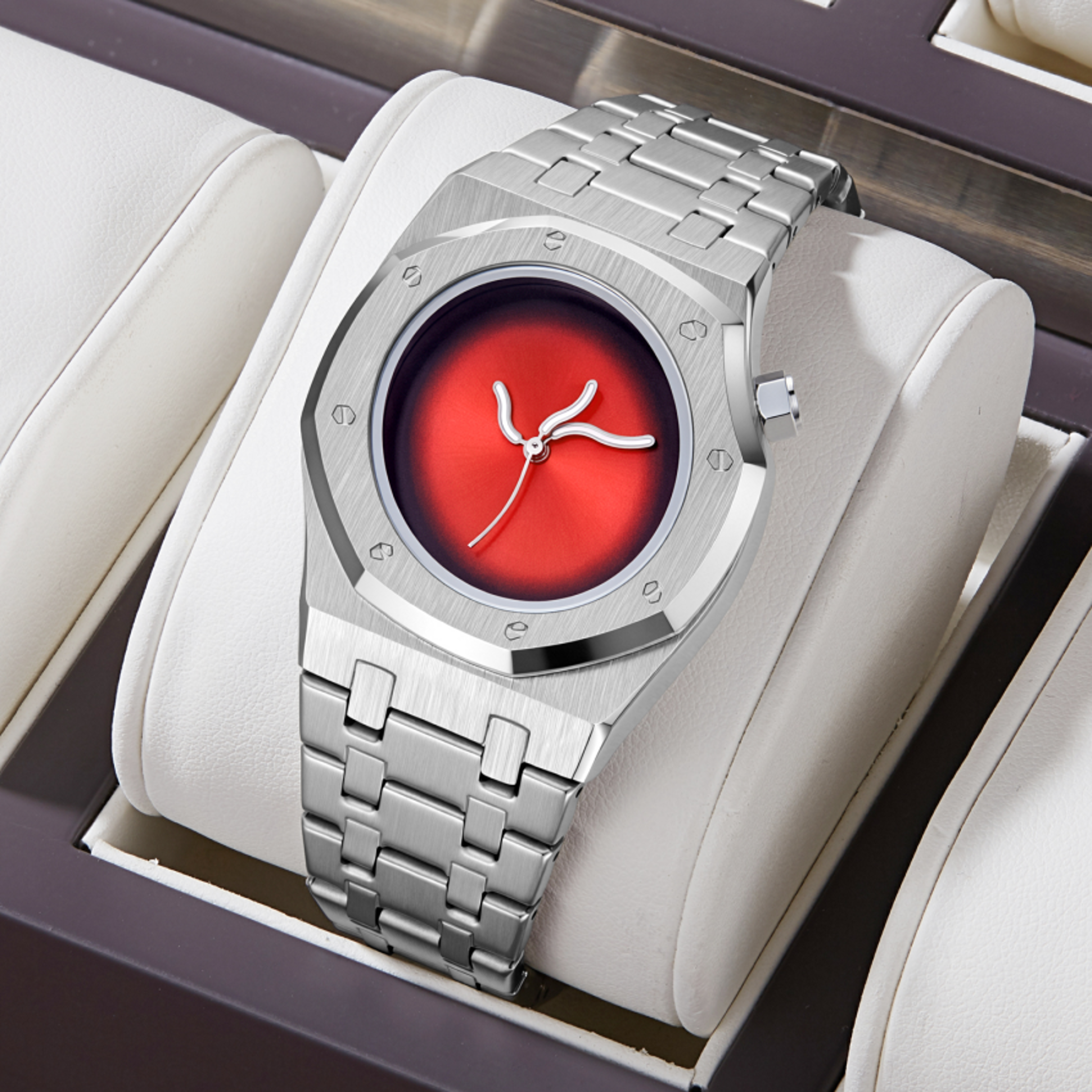 luxury mens quartz watch deep red dial octagonal minimalist statement watch