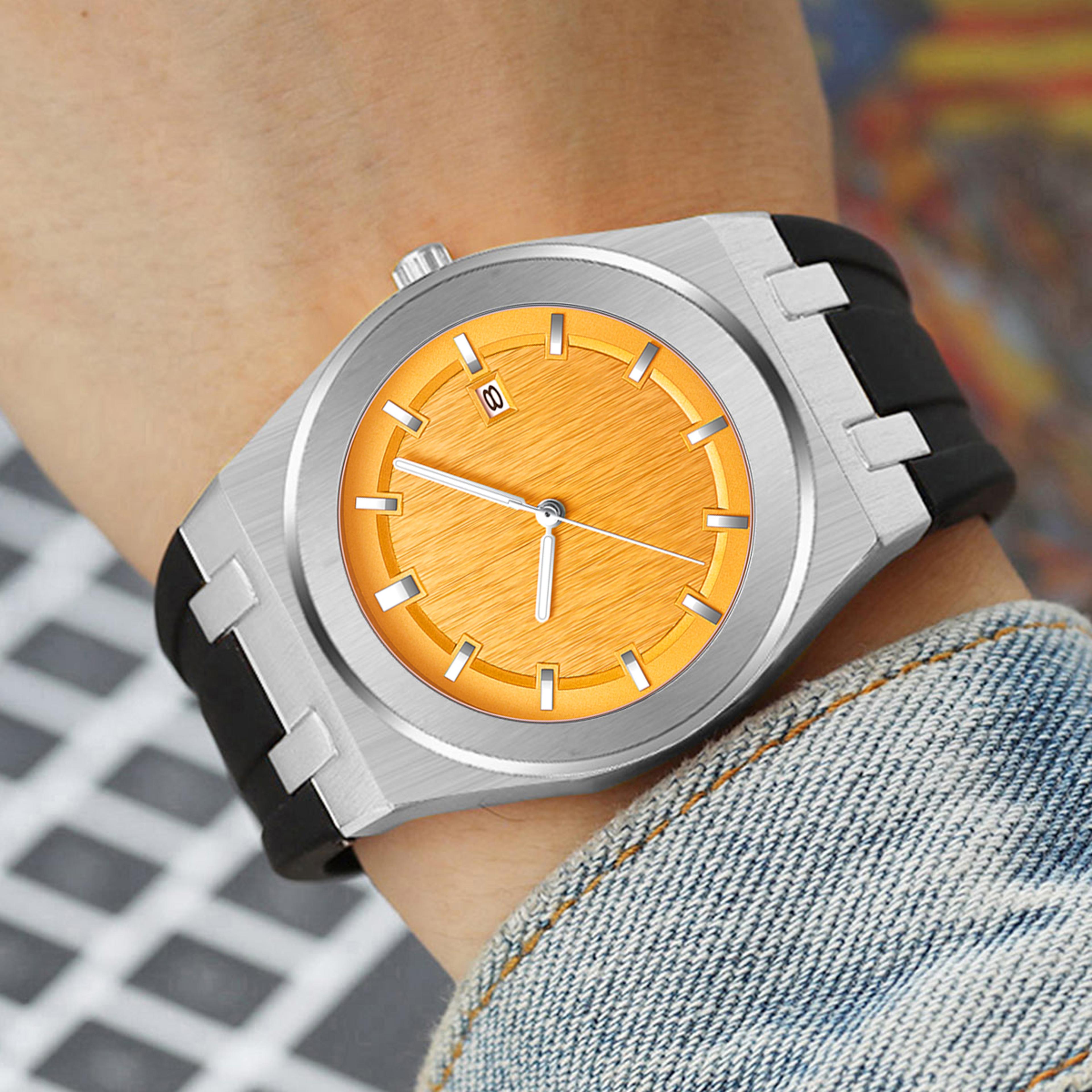 mens waterproof quartz sports watch with silicone strap and date display