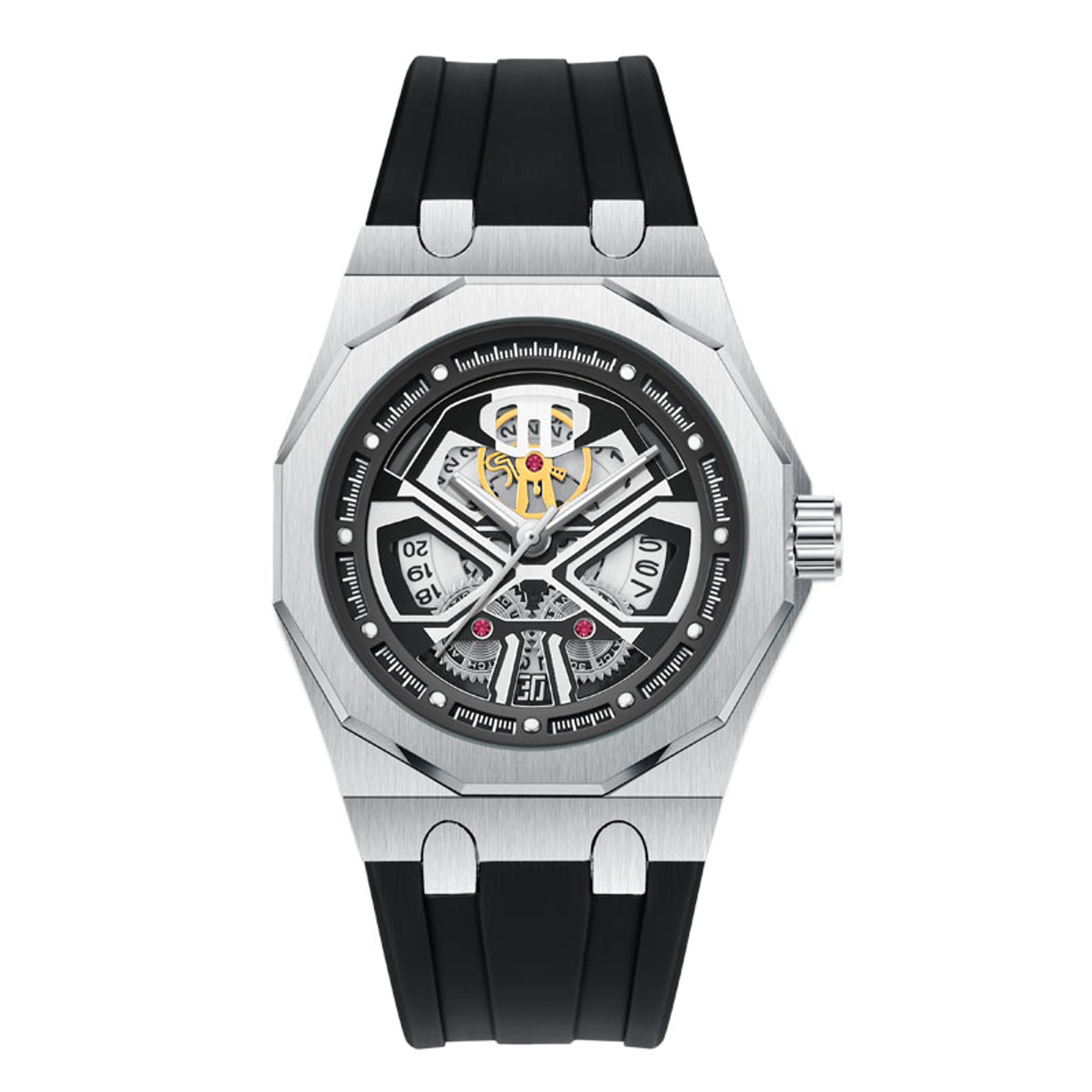 classic black skeleton quartz watch for men with silicone strap