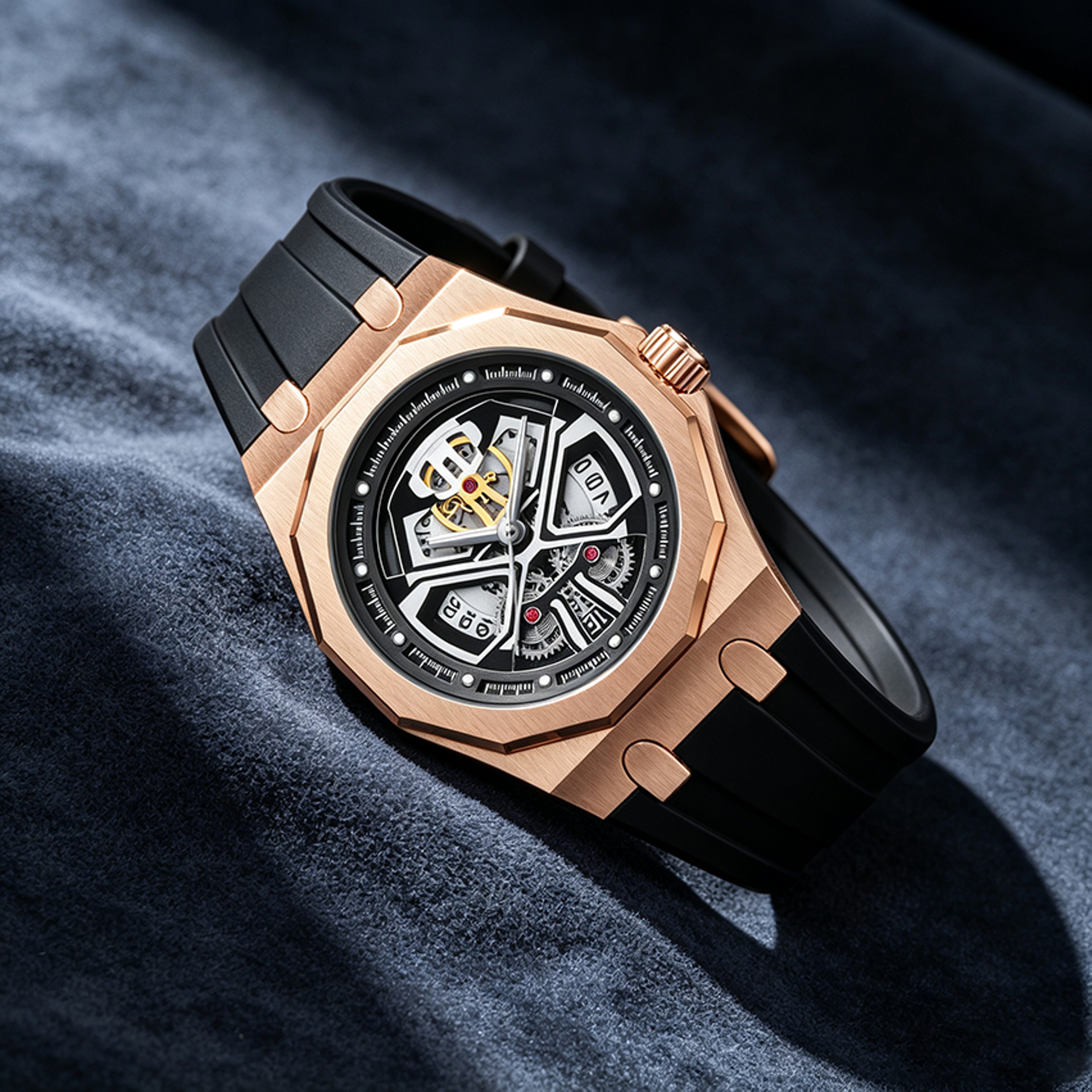 mens geometric skeleton quartz watch with sided case and silicone strap