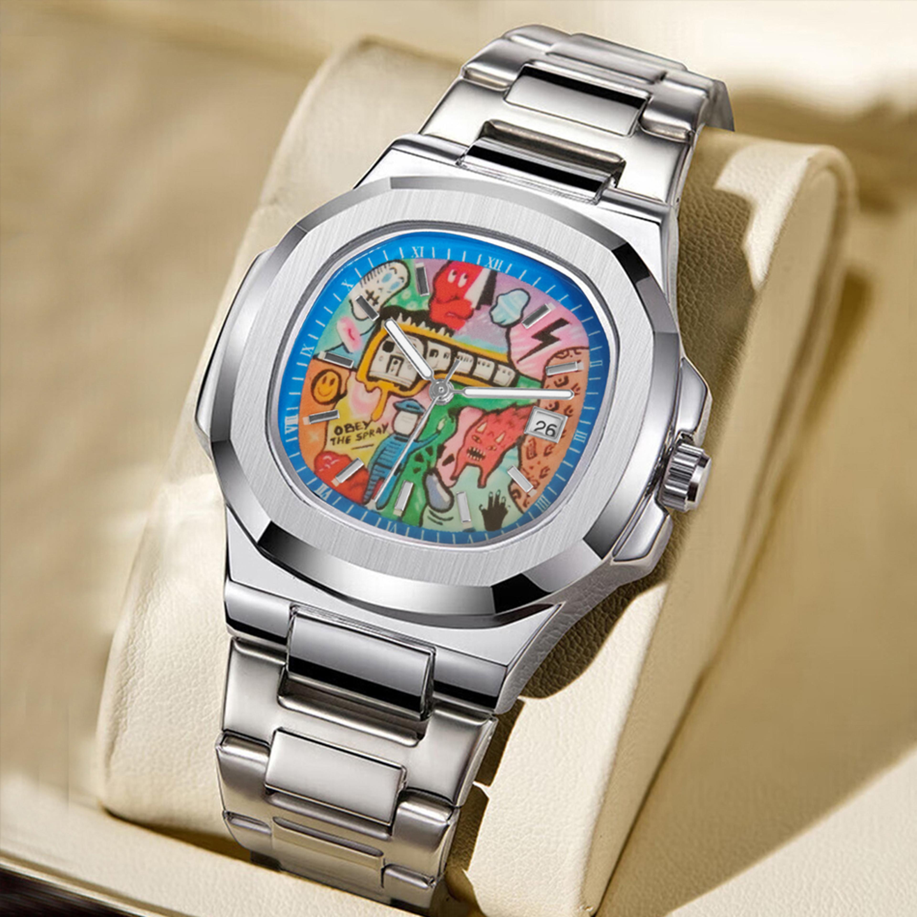 retro square quartz watch for men abstract art dial luxury street style wristwatch