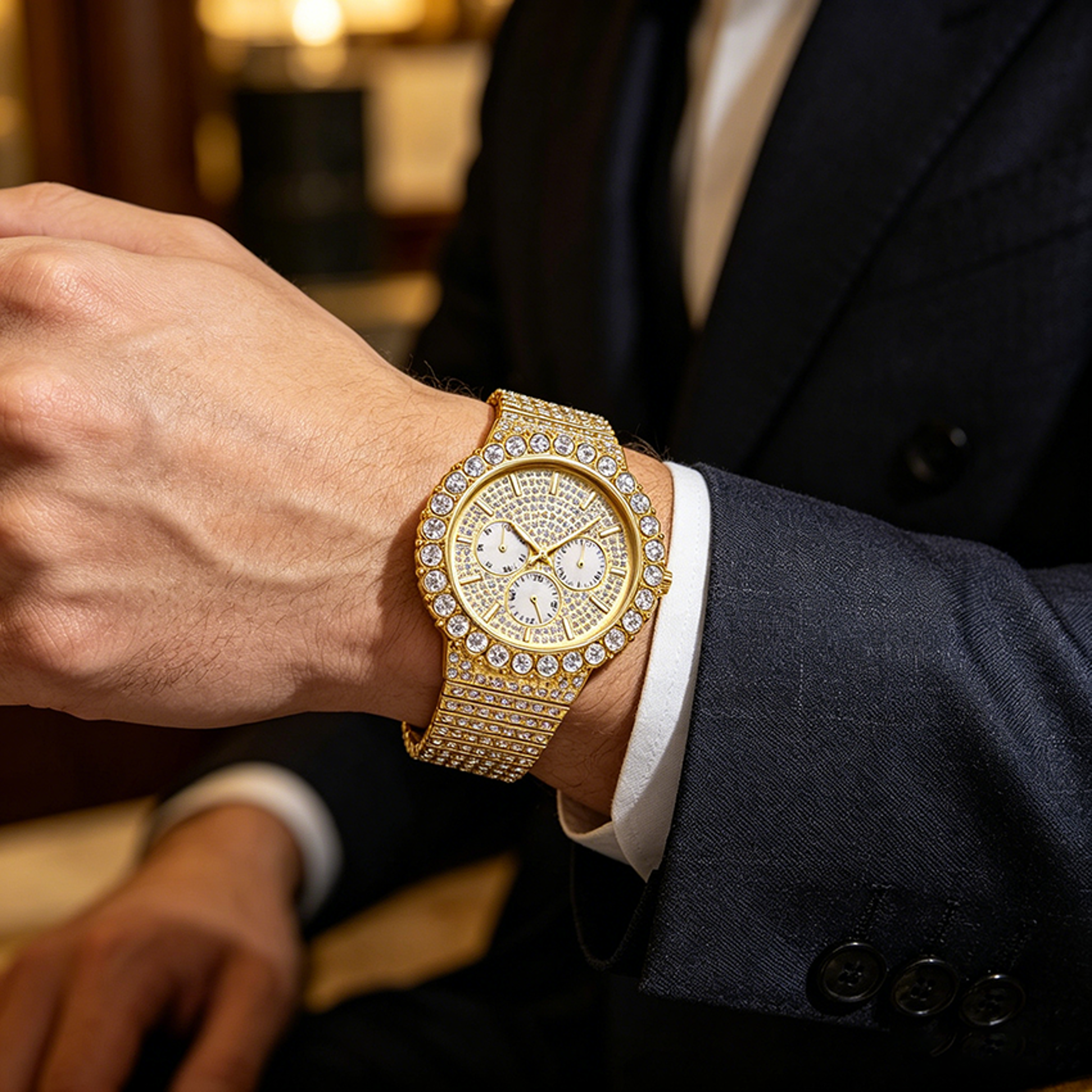 luxury iced out watch for men diamond quartz calendar hip hop wristwatch