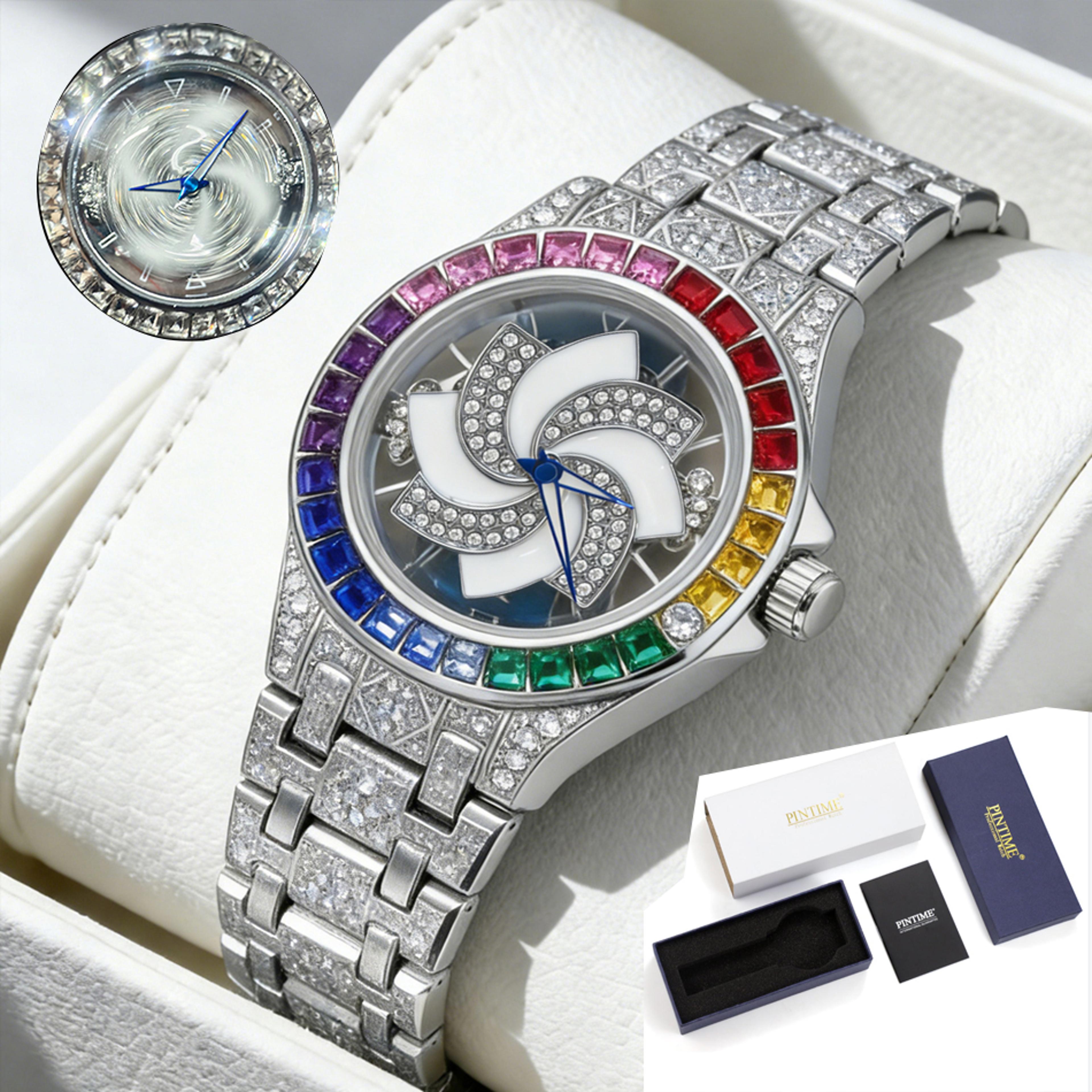 luxury spinning dial crystal quartz watch stainless steel fashion wristwatch