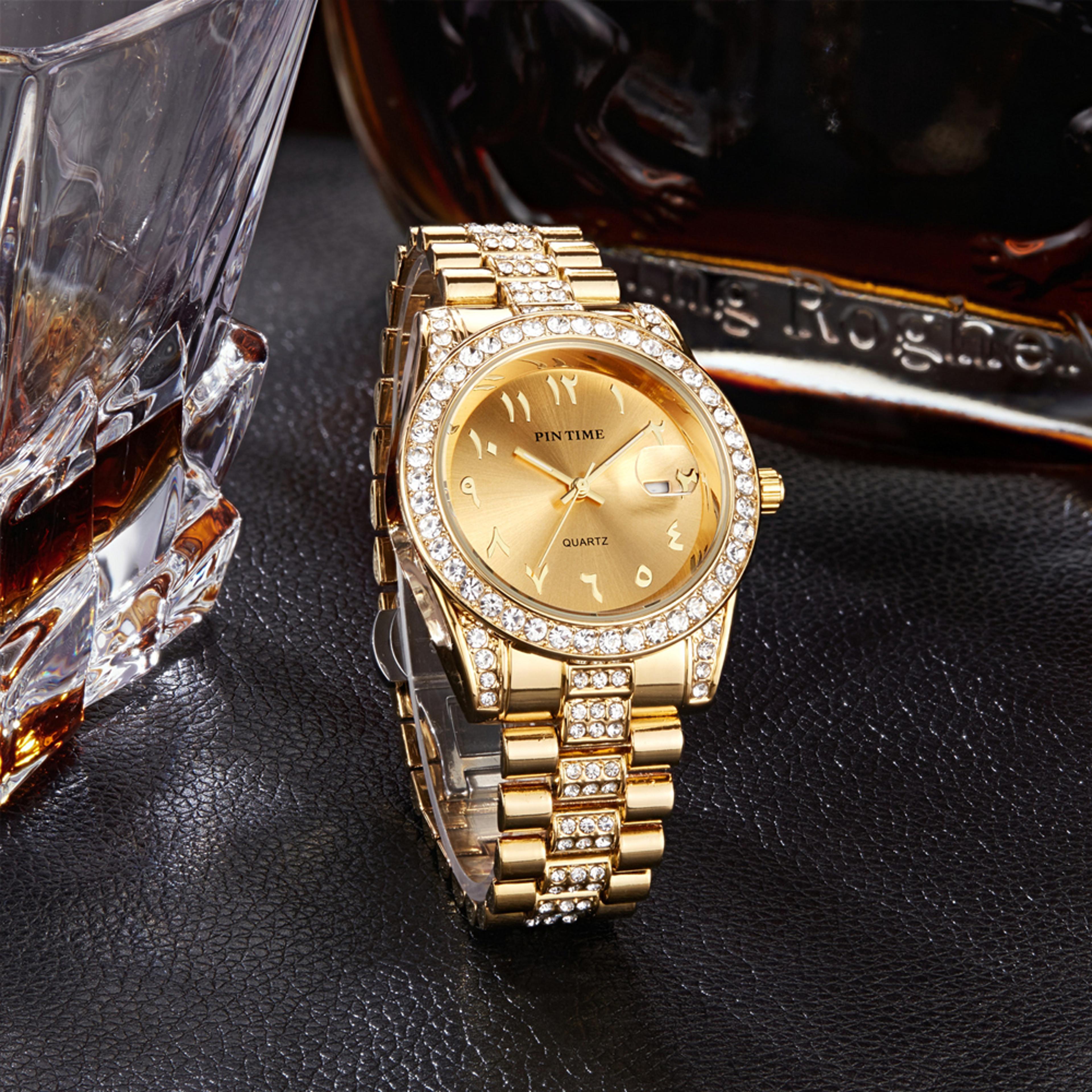 gold crystal quartz watch luxury stainless steel waterproof dress wristwatch