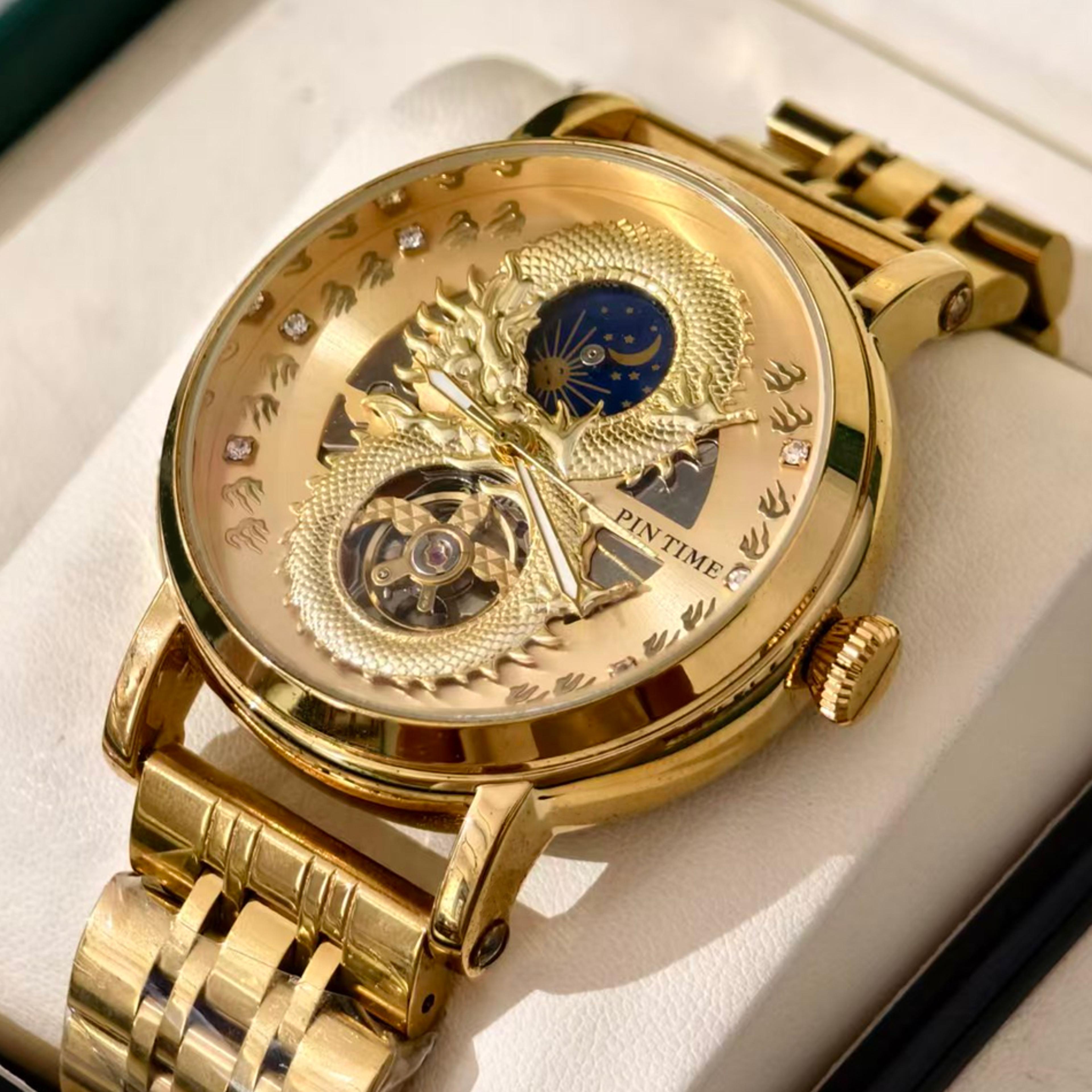 luxury gold dragon skeleton mechanical watch moon phase waterproof mens wristwatch
