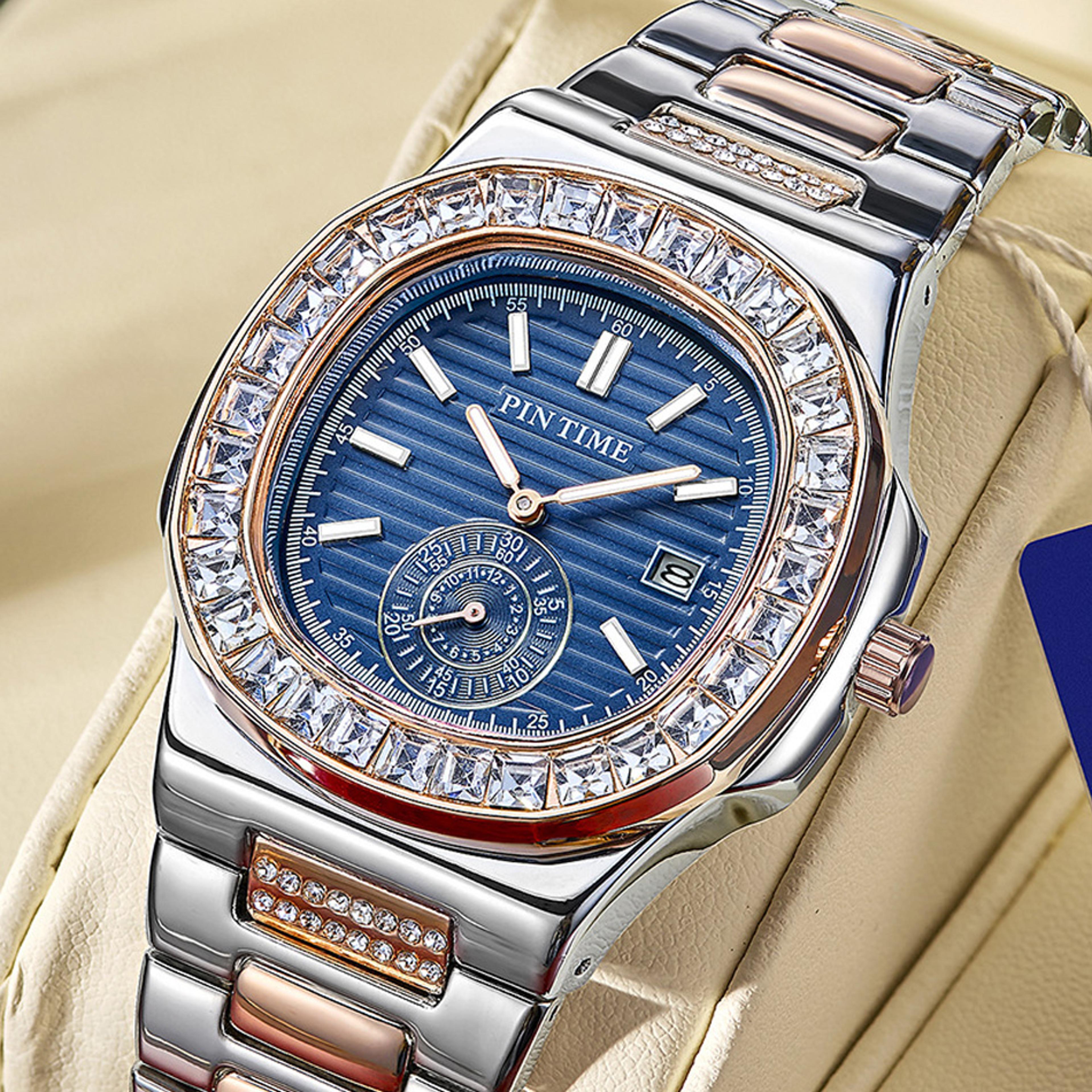 luxury gold square diamond quartz watch for men with luminous hands and date display