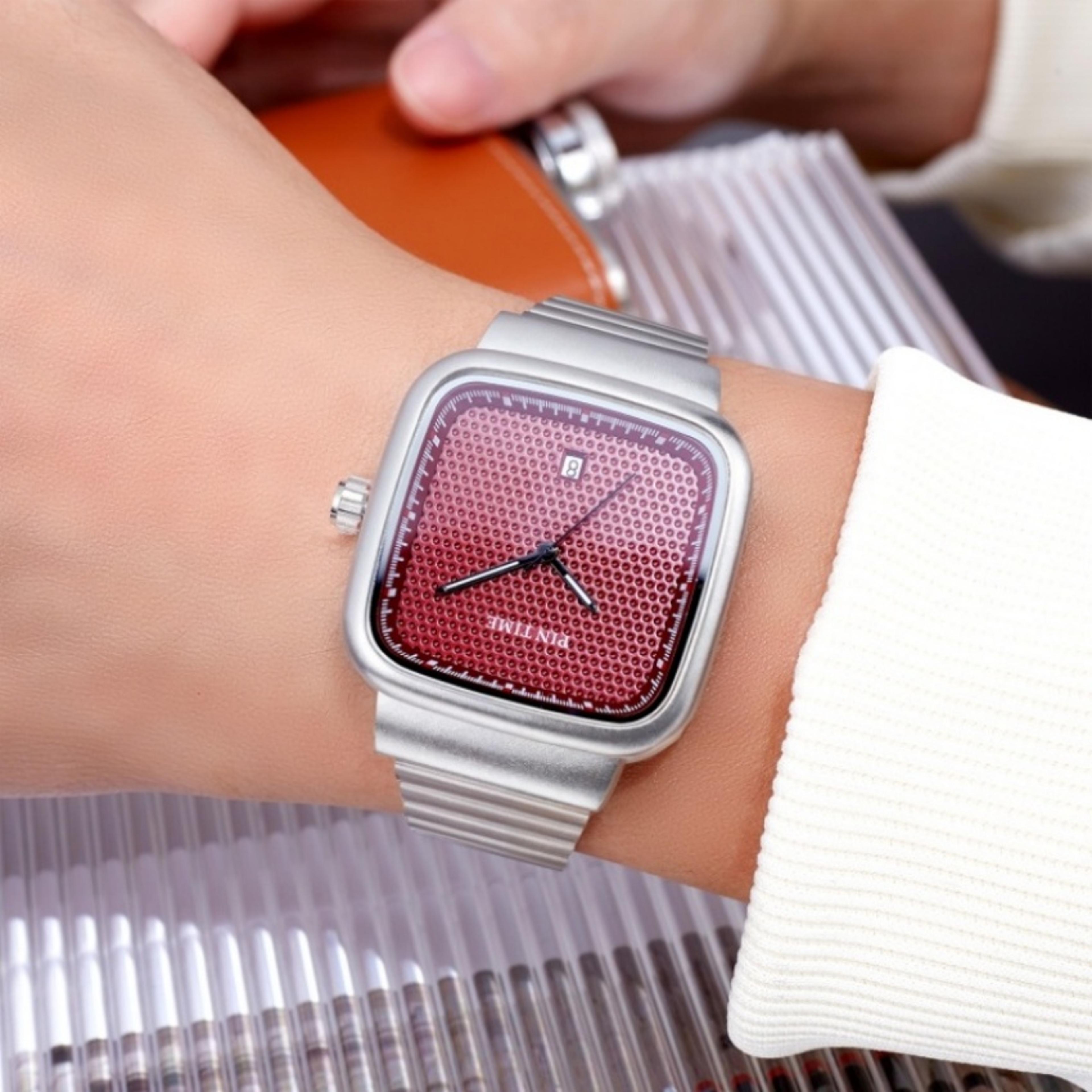 minimalist square mens quartz watch stainless steel strap luminous hands auto date