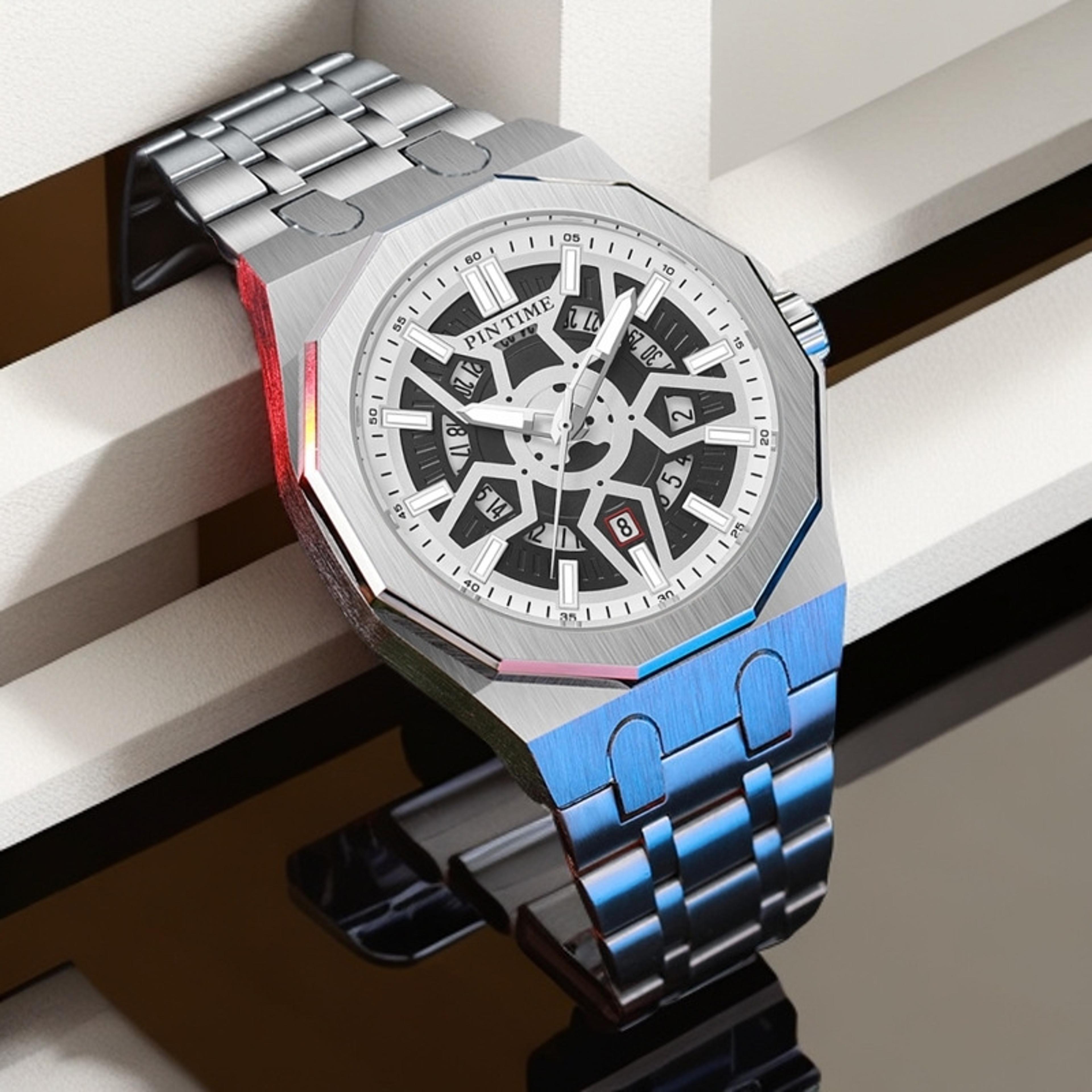 large dial skeleton mens quartz watch luminous date display water resistant sports wristwatch