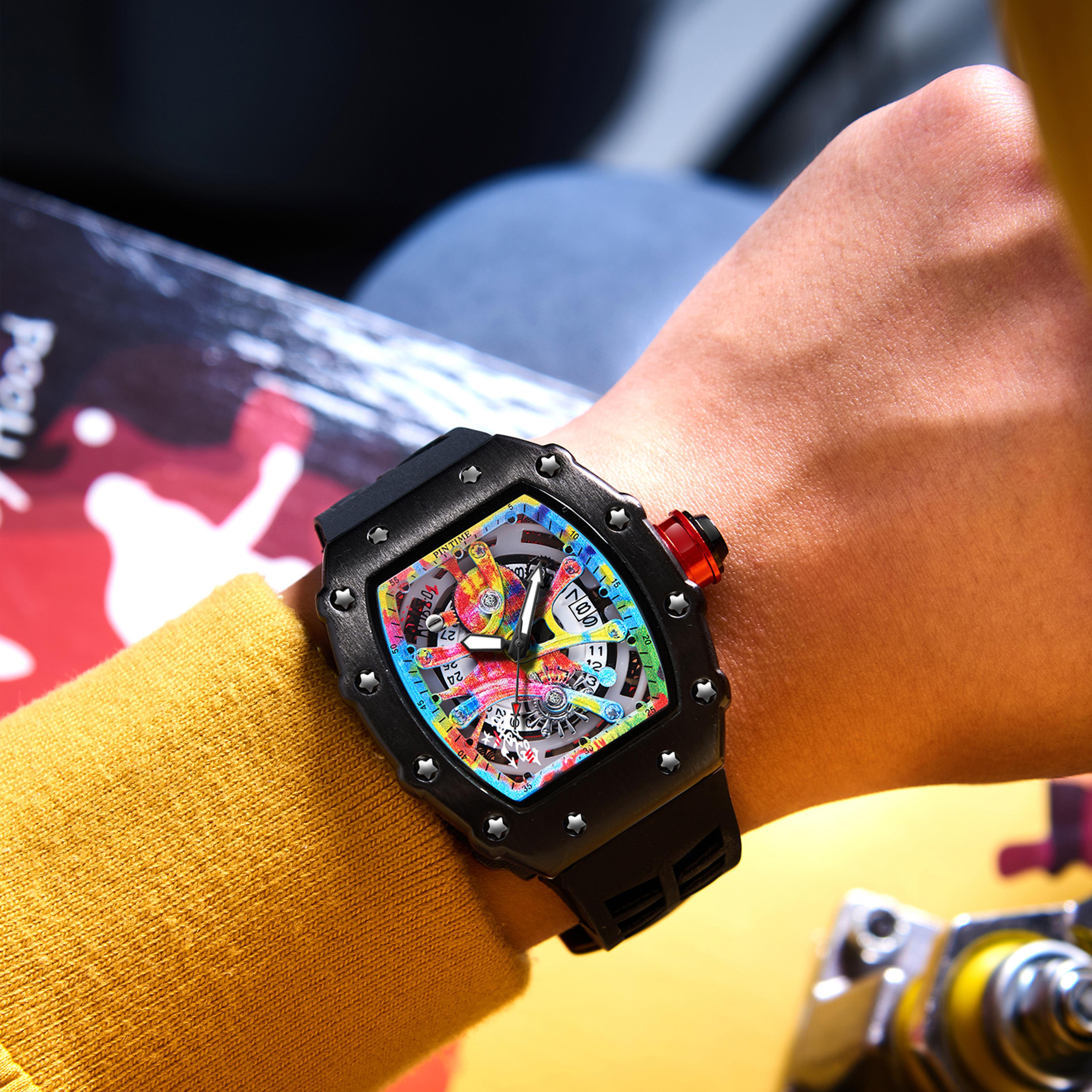 luxury graffiti dial tonneau quartz watch for men waterproof multifunction sports watch
