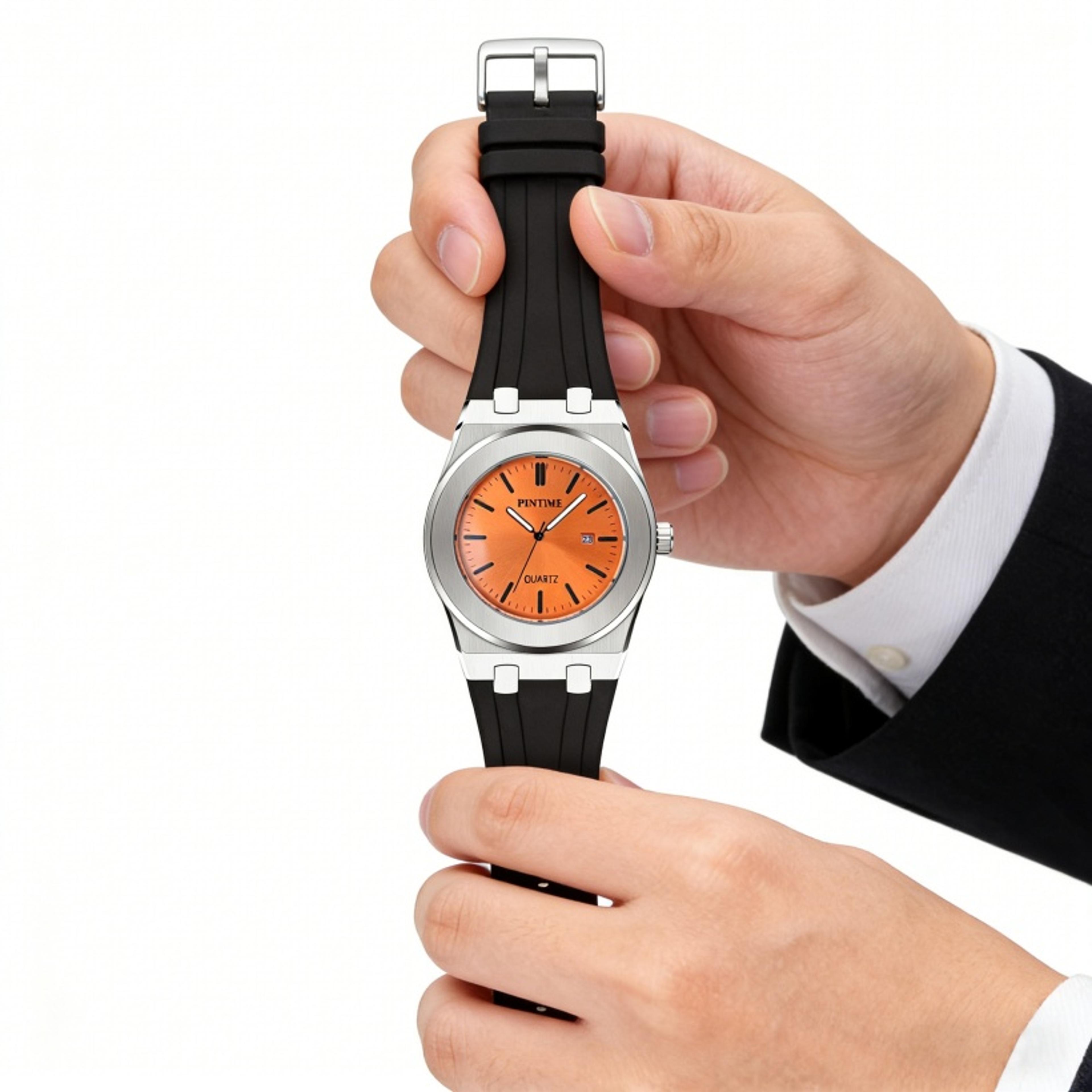 men's sport chronograph quartz watch waterproof black dial orange silicone strap