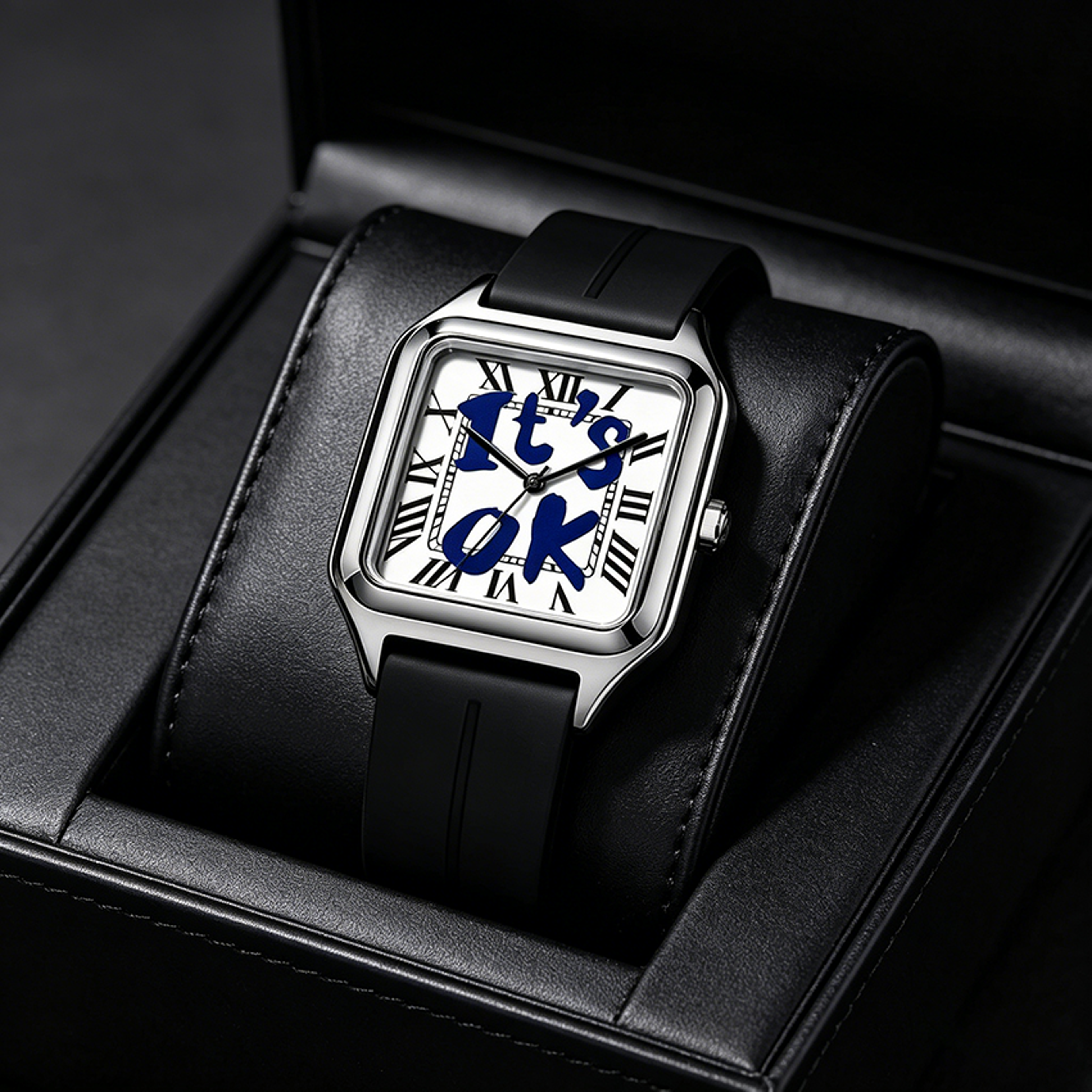 luxury square mens quartz watch roman numeral slogan dial rubber strap