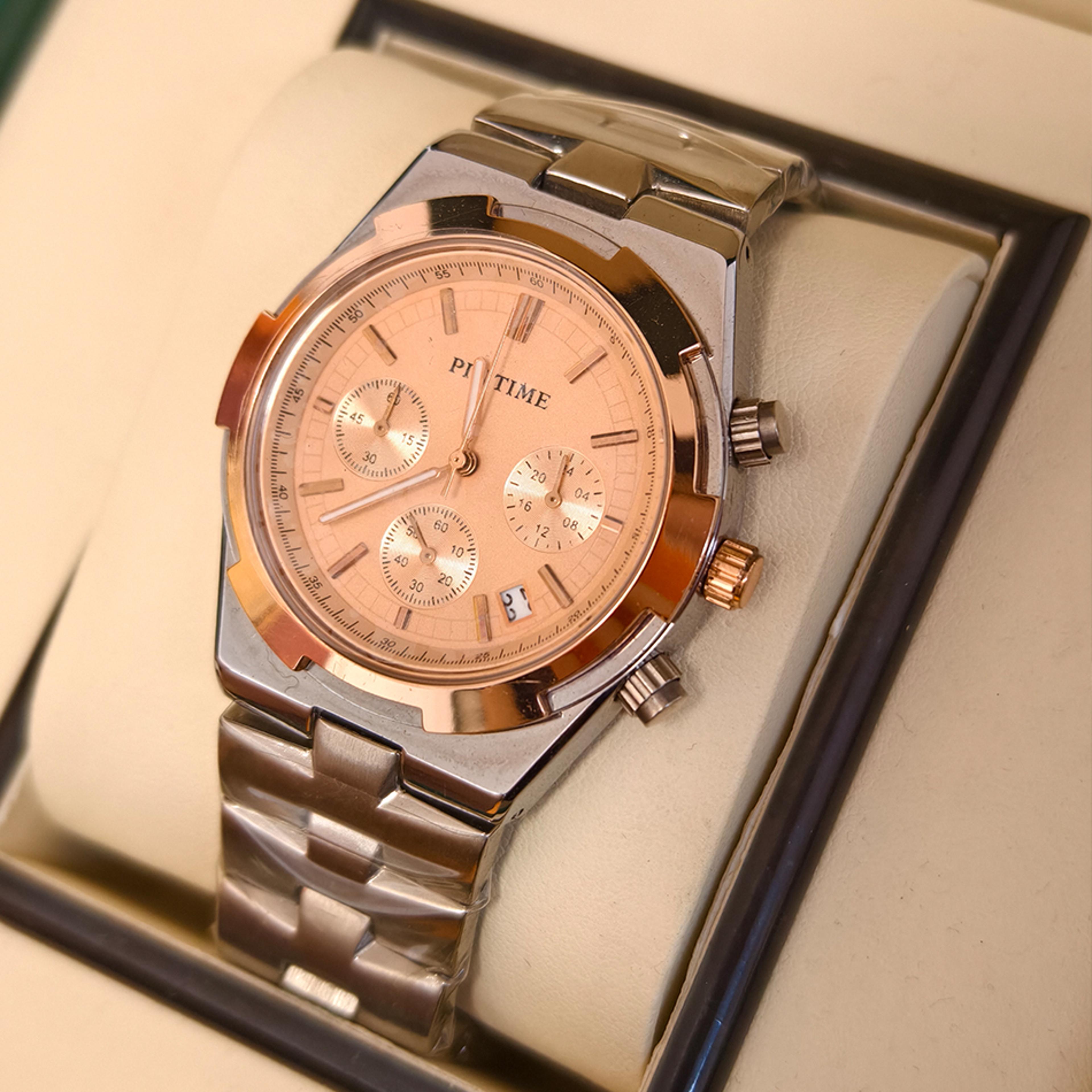 geometric stainless steel mens quartz watch with six hand calendar design