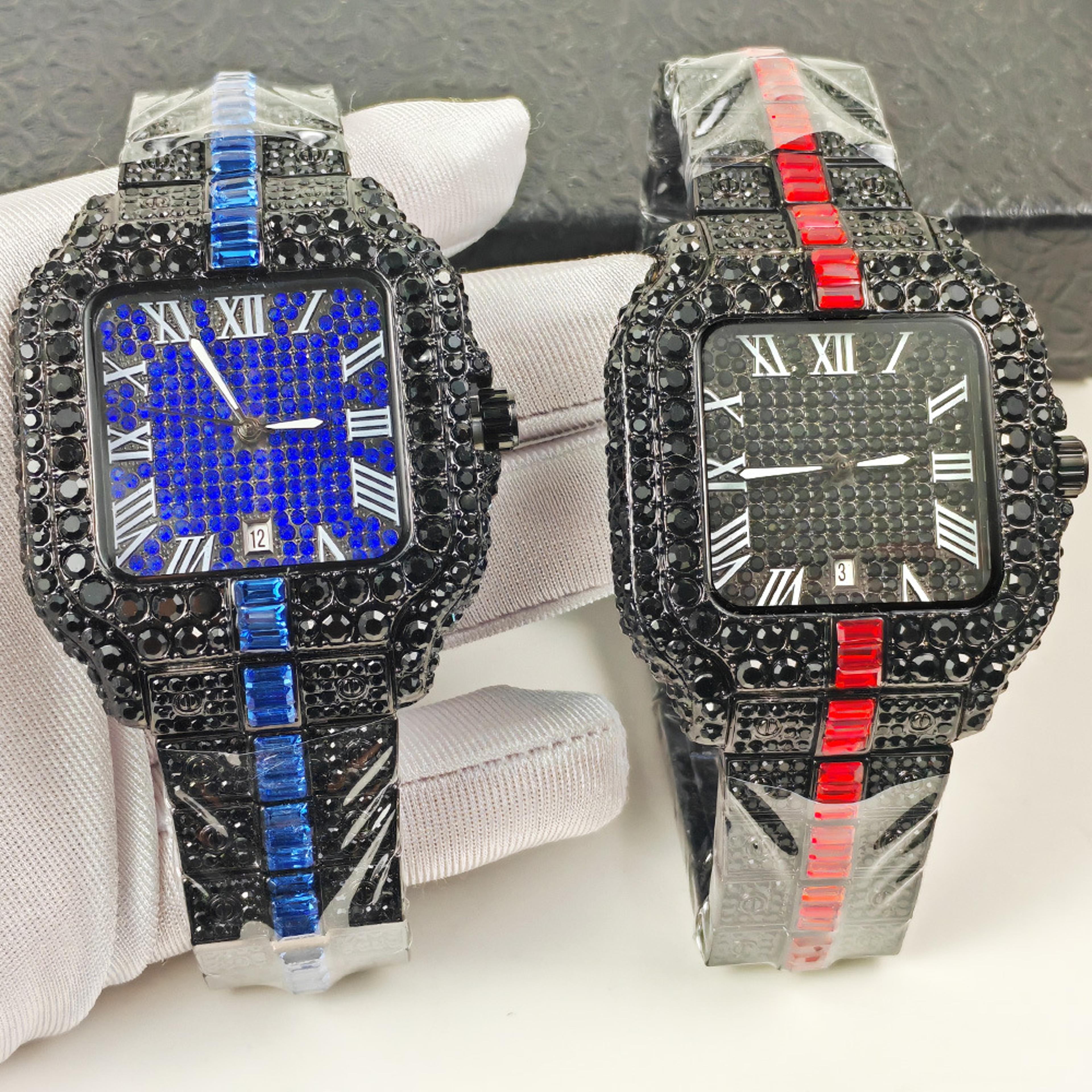 black iced out hip hop watch full diamond rainbow quartz watch for men